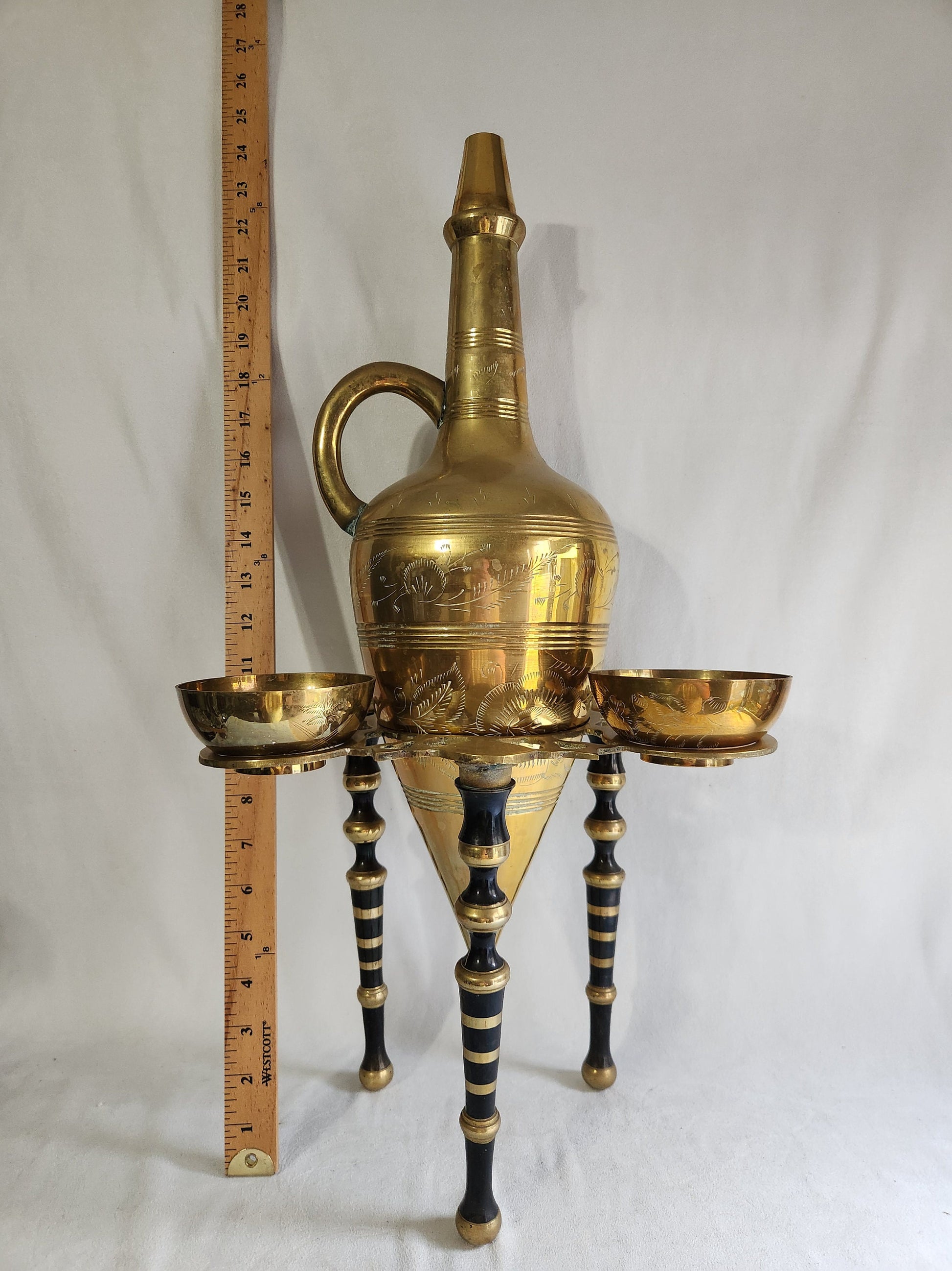Wonderful Large 23 Inch Hand Crafted Saudi Arabian Amphora Etched Brass Pitcher Set
