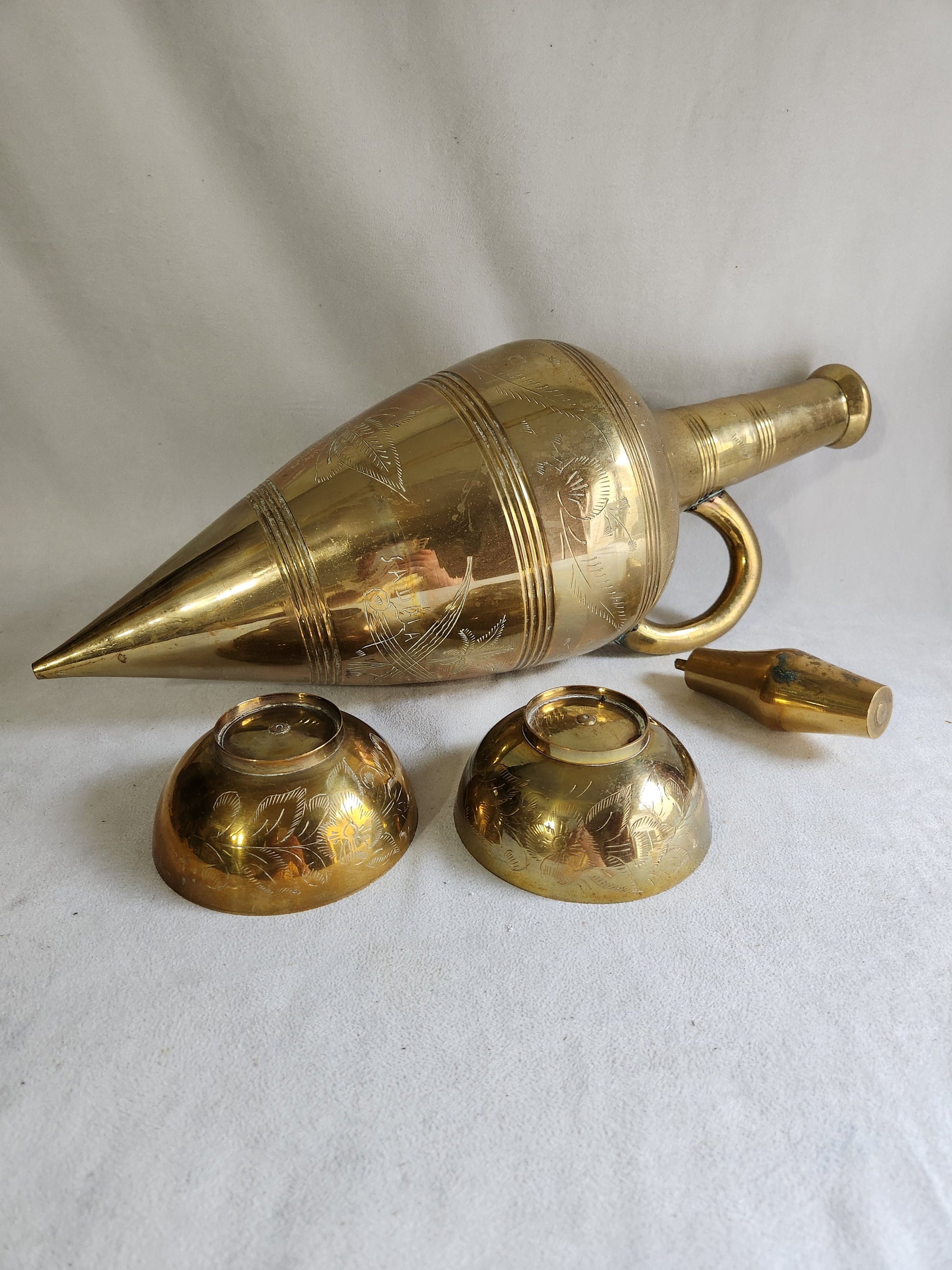 Wonderful Large 23 Inch Hand Crafted Saudi Arabian Amphora Etched Brass Pitcher Set