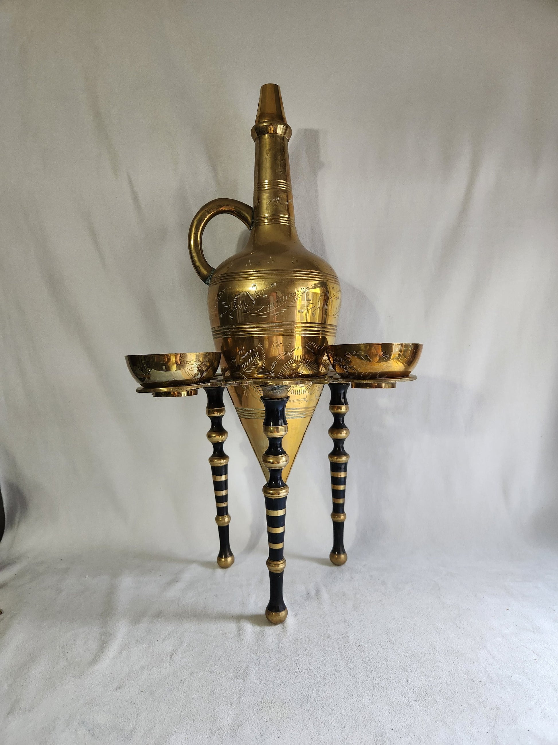 Wonderful Large 23 Inch Hand Crafted Saudi Arabian Amphora Etched Brass Pitcher Set