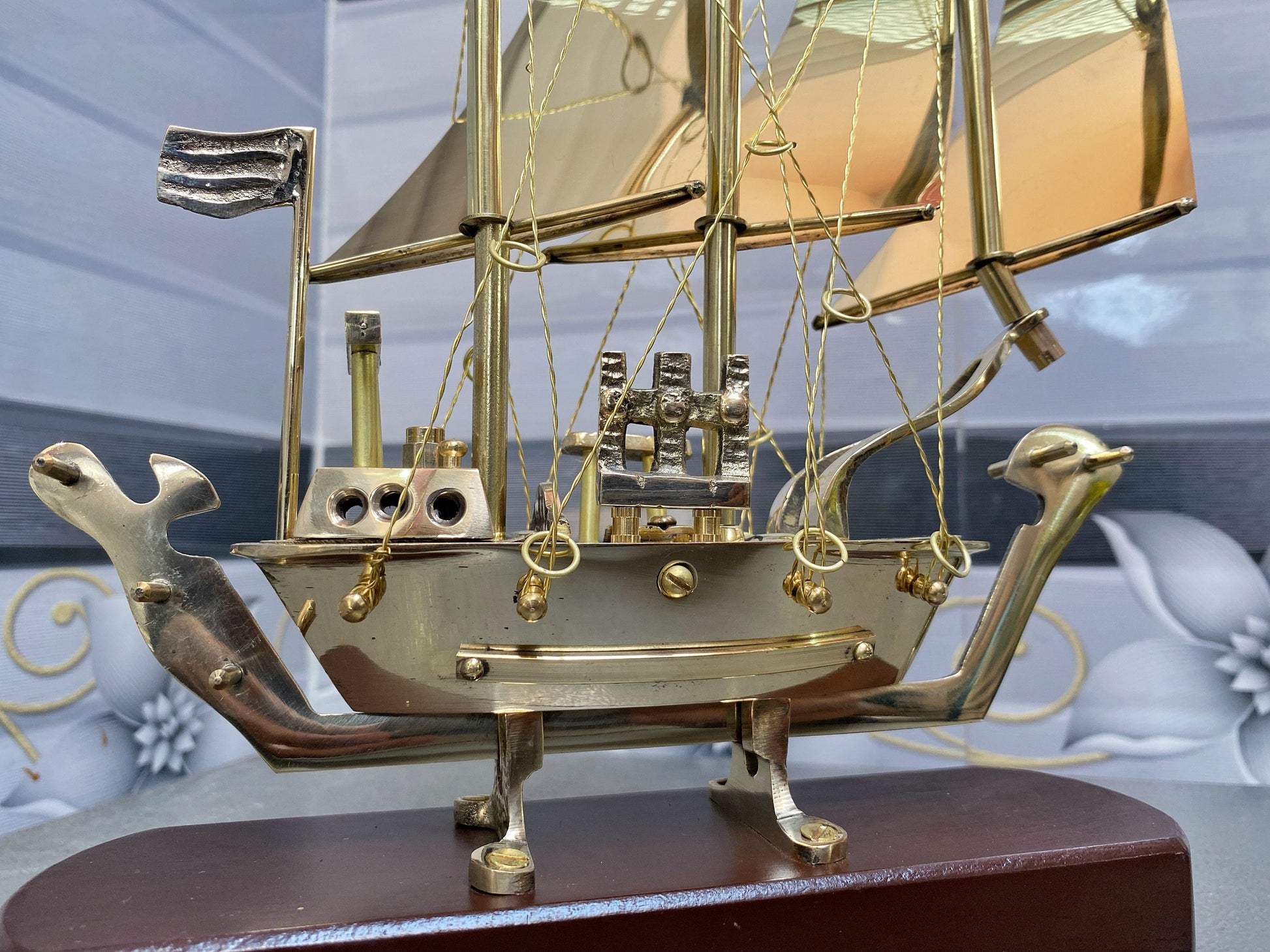 Brass Ship Decorative Showpiece I with Wooden Base I Fully Brass Maritime Majesty: Handcrafted Ship I Home Decor, Christmas Gift,