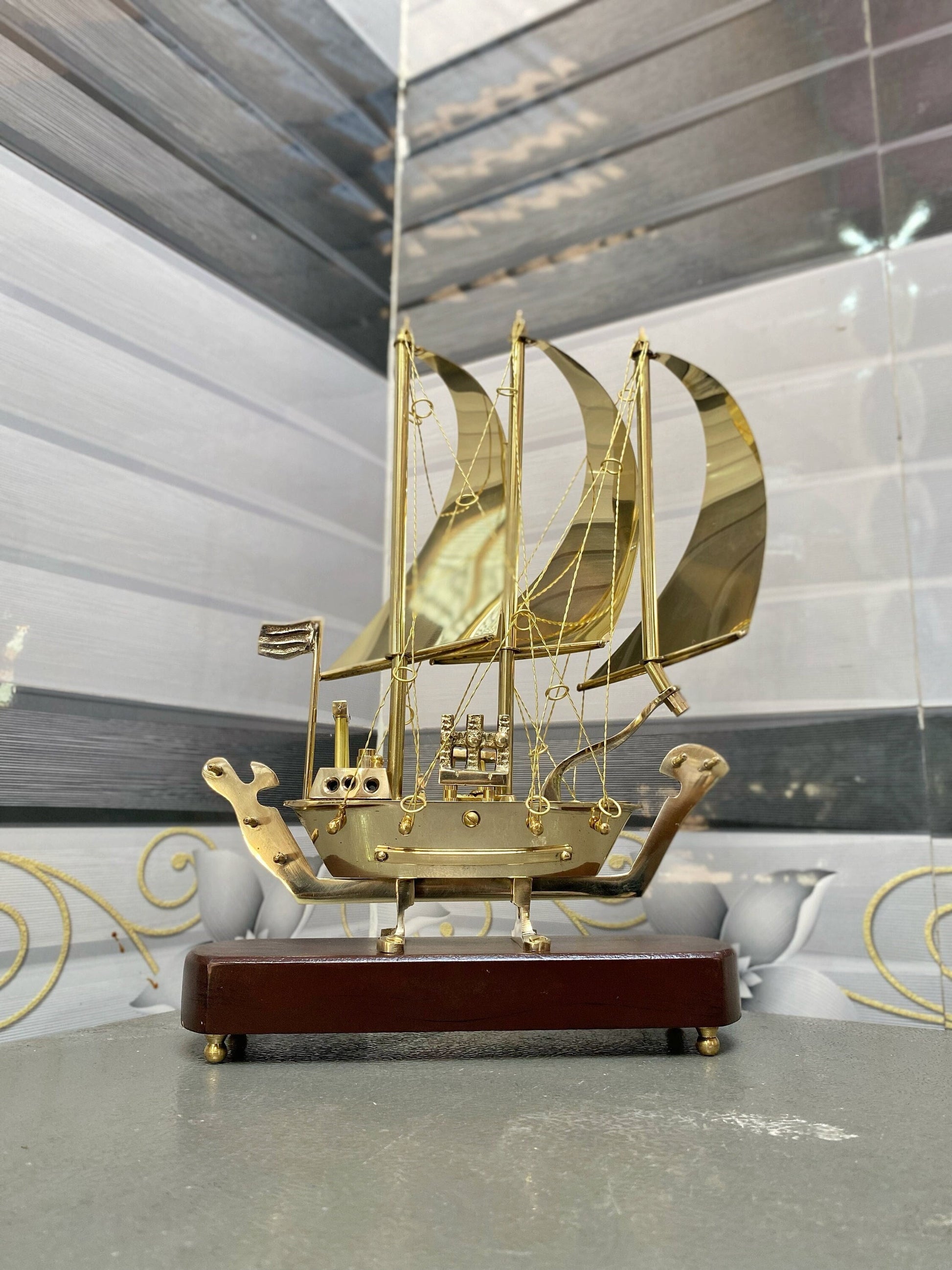 Brass Ship Decorative Showpiece I with Wooden Base I Fully Brass Maritime Majesty: Handcrafted Ship I Home Decor, Christmas Gift,