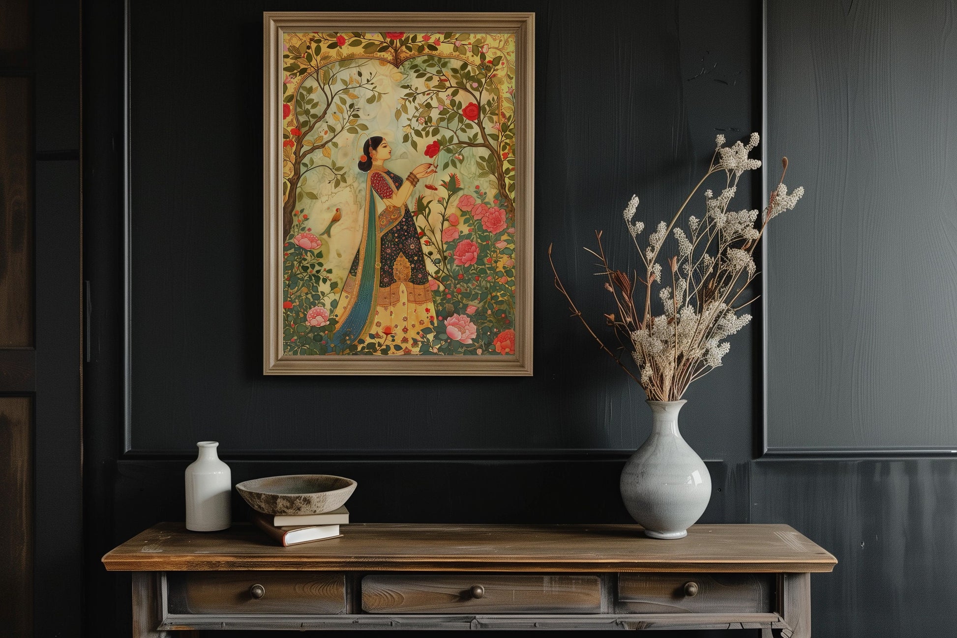 Lady in the Garden | Indian Mughal Inspired Digital Art Work, Printable Wall Art, Traditional Indian Pakistani Art, Indian Woman Painting