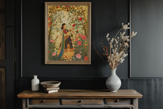 Lady in the Garden | Indian Mughal Inspired Digital Art Work, Printable Wall Art, Traditional Indian Pakistani Art, Indian Woman Painting