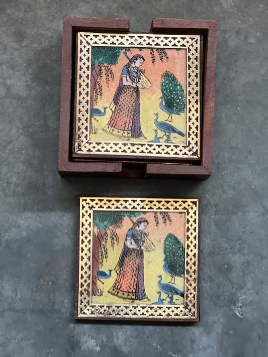 Rajput Princess Bani Thani Wooden Gemstone Coaster Set Small Brass Framed Indian Rajasthani Art Coaster Set of 6 Glass Cover Velvet Lined