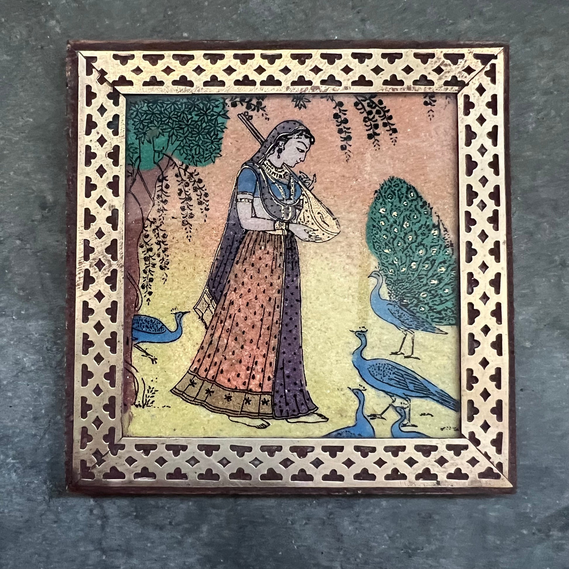 Rajput Princess Bani Thani Wooden Gemstone Coaster Set Small Brass Framed Indian Rajasthani Art Coaster Set of 6 Glass Cover Velvet Lined