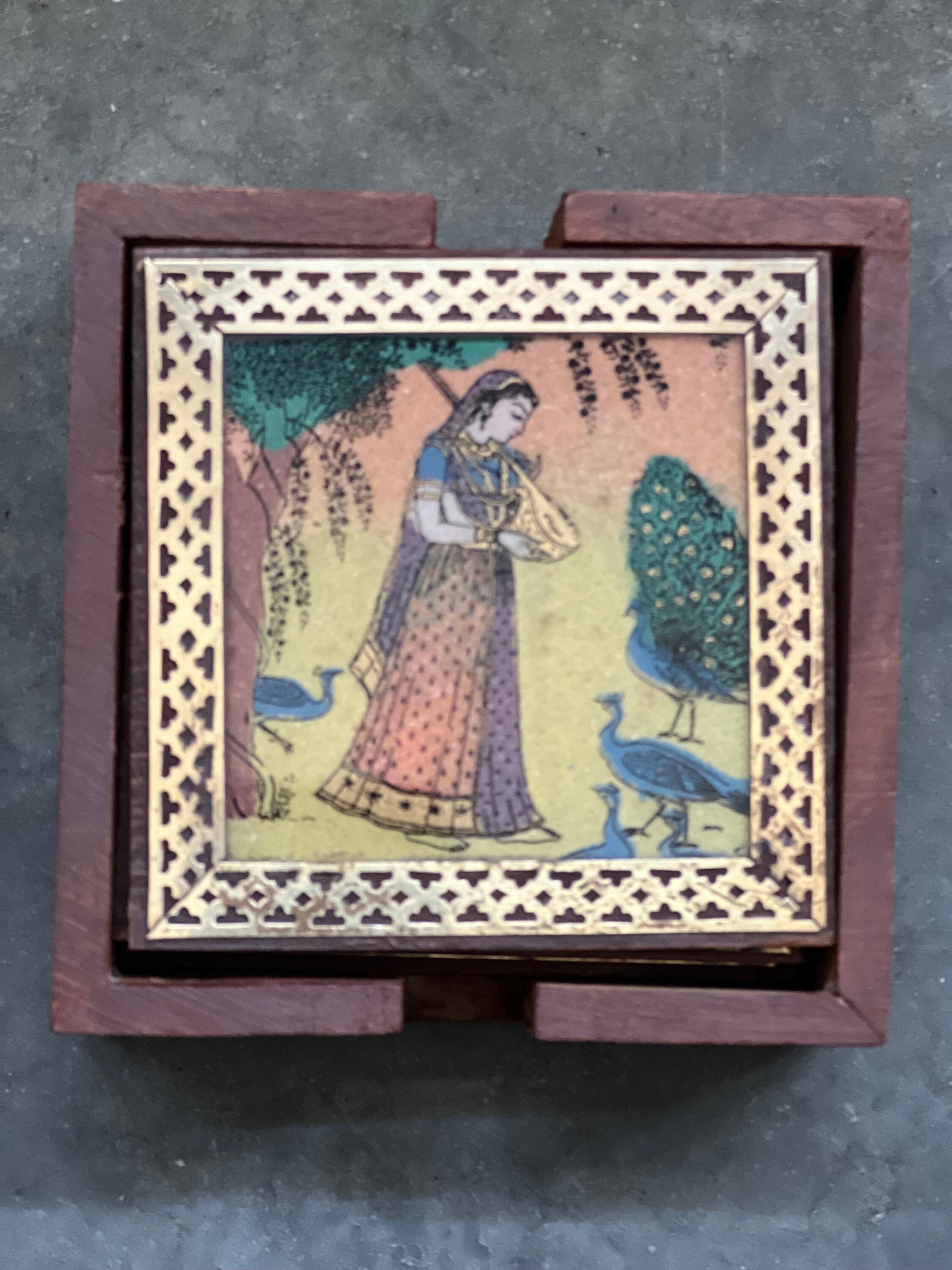 Rajput Princess Bani Thani Wooden Gemstone Coaster Set Small Brass Framed Indian Rajasthani Art Coaster Set of 6 Glass Cover Velvet Lined