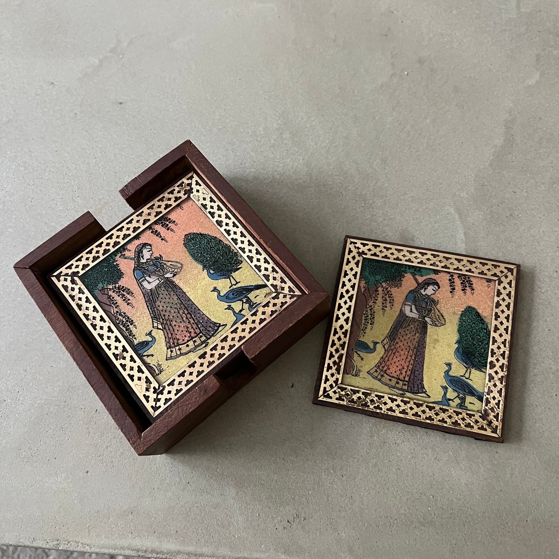 Rajput Princess Bani Thani Wooden Gemstone Coaster Set Small Brass Framed Indian Rajasthani Art Coaster Set of 6 Glass Cover Velvet Lined