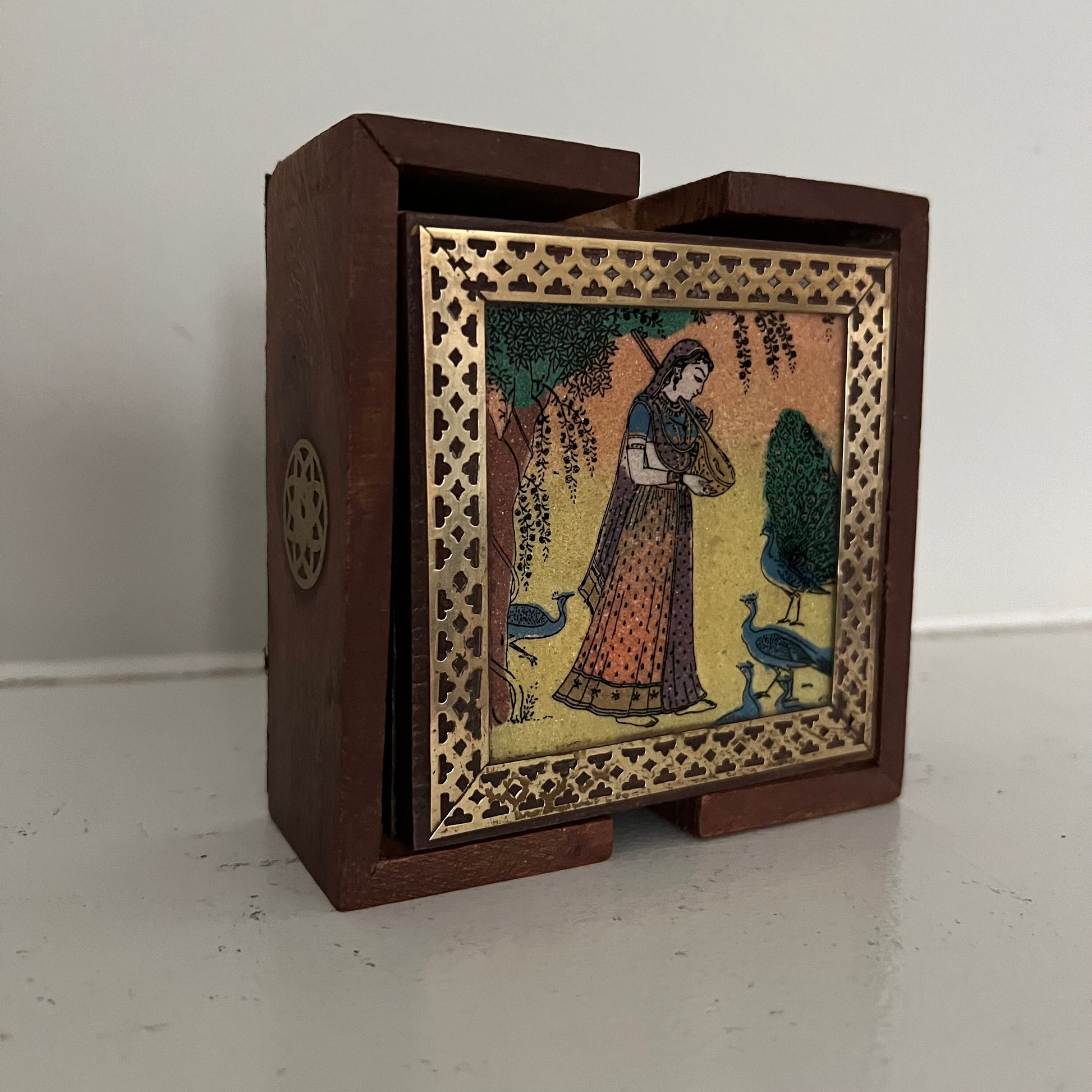 Rajput Princess Bani Thani Wooden Gemstone Coaster Set Small Brass Framed Indian Rajasthani Art Coaster Set of 6 Glass Cover Velvet Lined