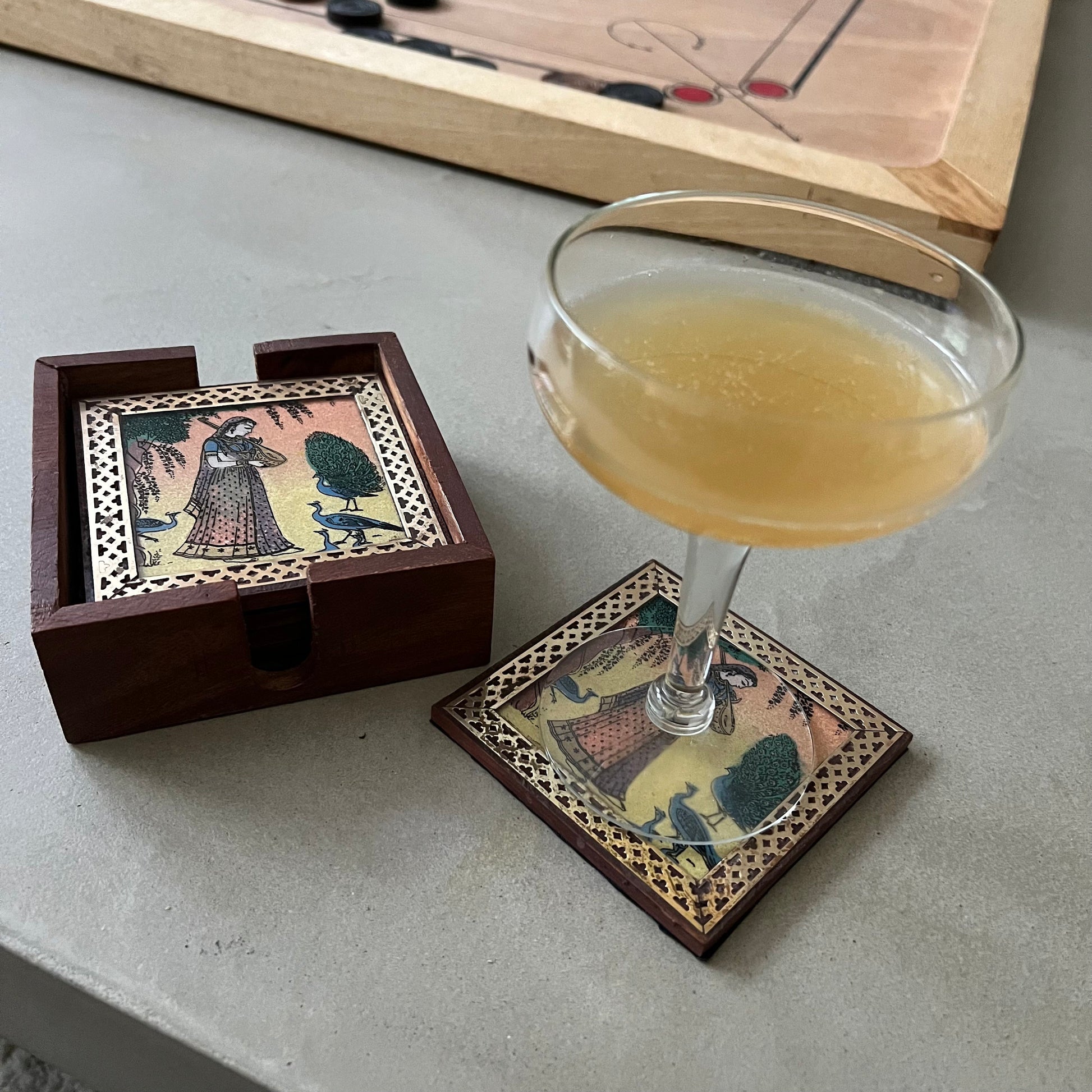 Rajput Princess Bani Thani Wooden Gemstone Coaster Set Small Brass Framed Indian Rajasthani Art Coaster Set of 6 Glass Cover Velvet Lined