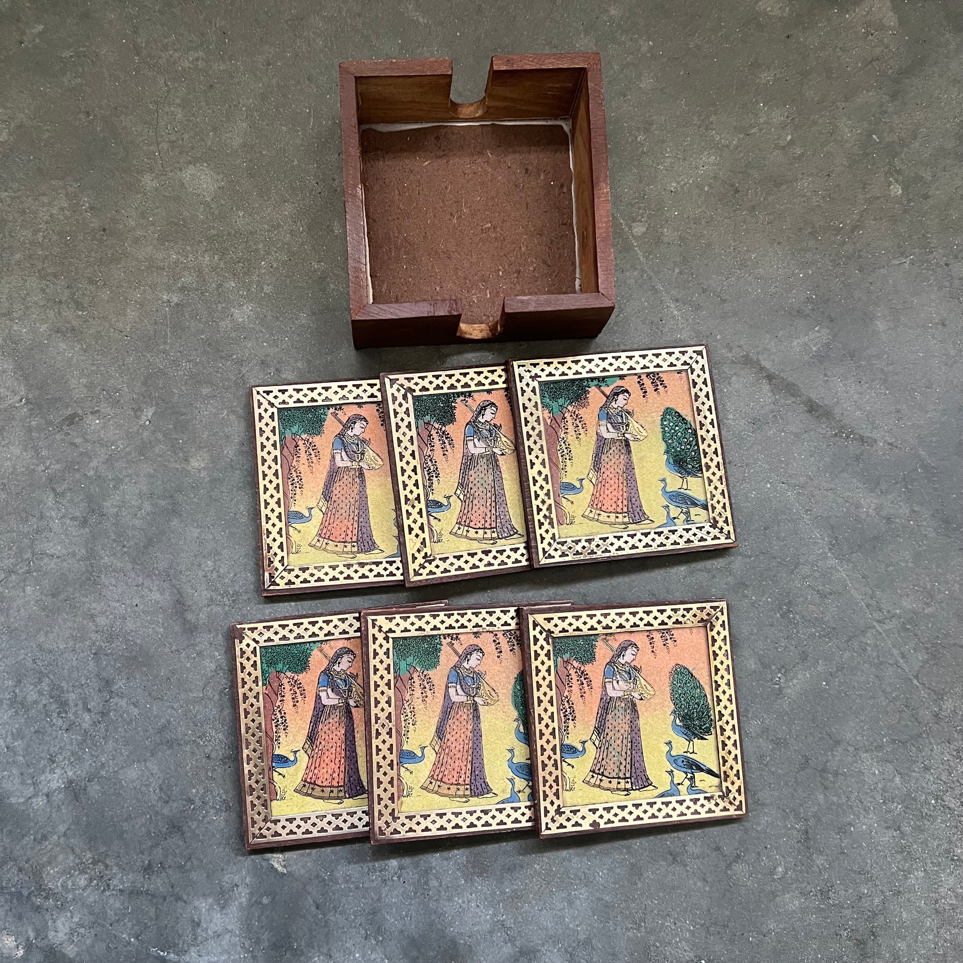 Rajput Princess Bani Thani Wooden Gemstone Coaster Set Small Brass Framed Indian Rajasthani Art Coaster Set of 6 Glass Cover Velvet Lined