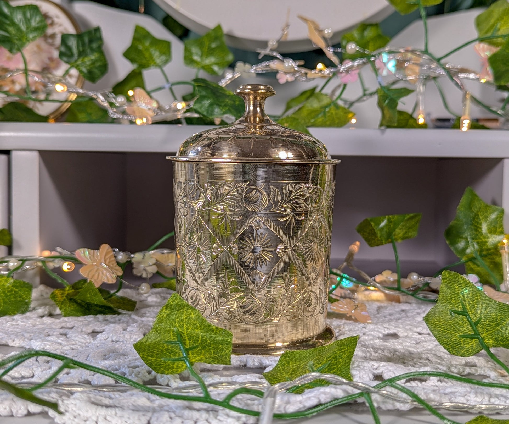 Antique Indian Highly Engraved Brass Jar with Lid.
