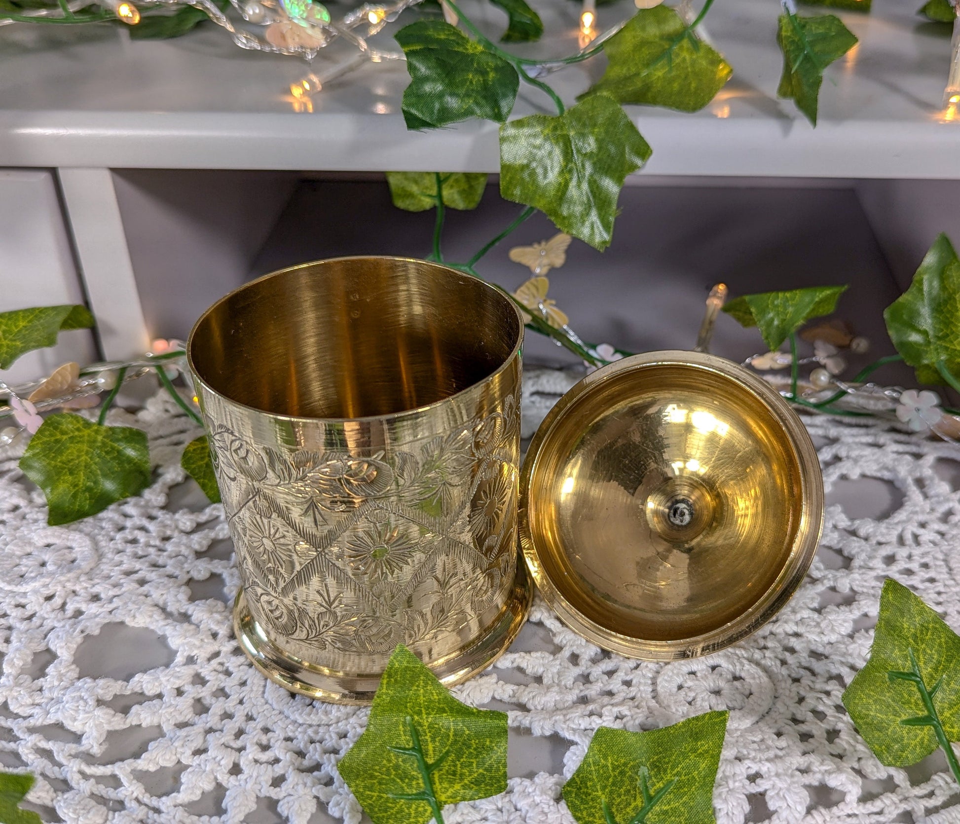 Antique Indian Highly Engraved Brass Jar with Lid.