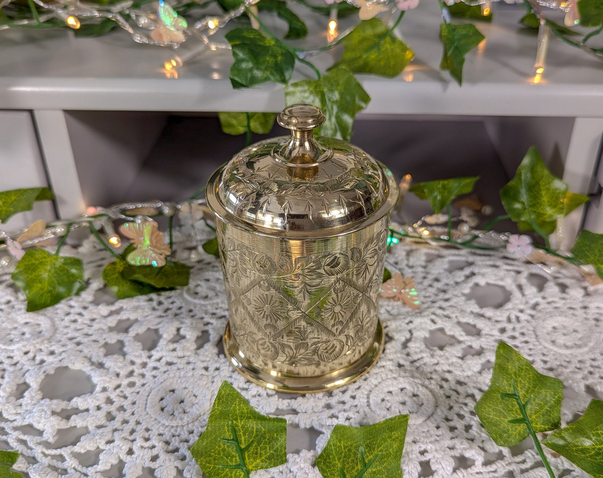 Antique Indian Highly Engraved Brass Jar with Lid.