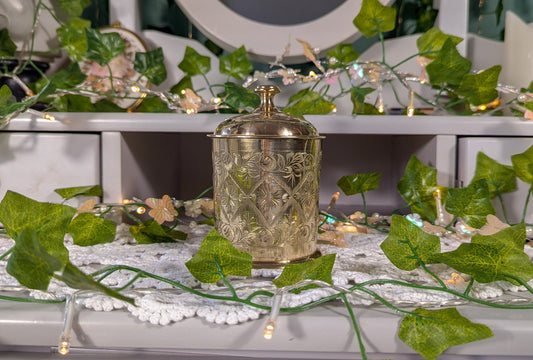 Antique Indian Highly Engraved Brass Jar with Lid.