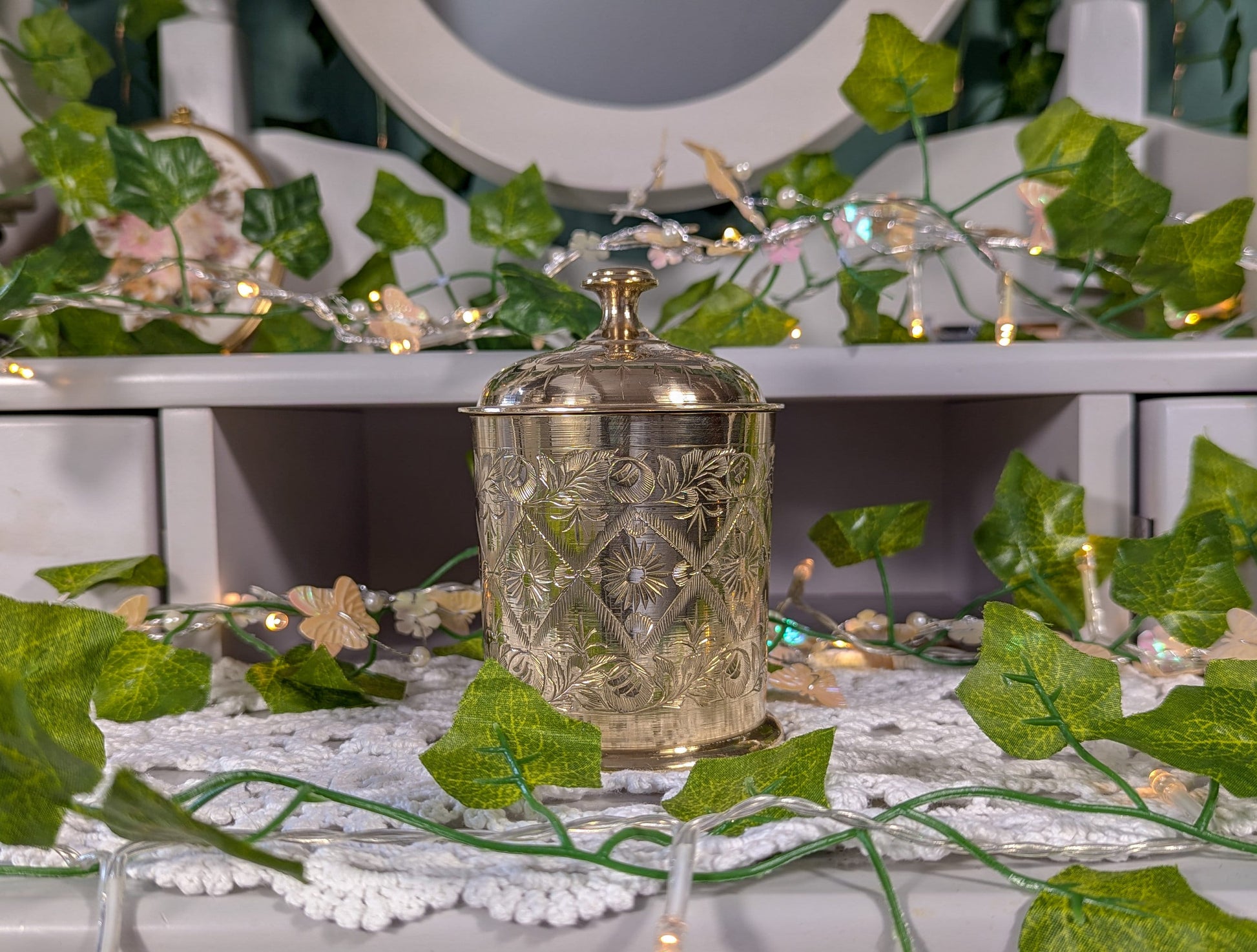 Antique Indian Highly Engraved Brass Jar with Lid.