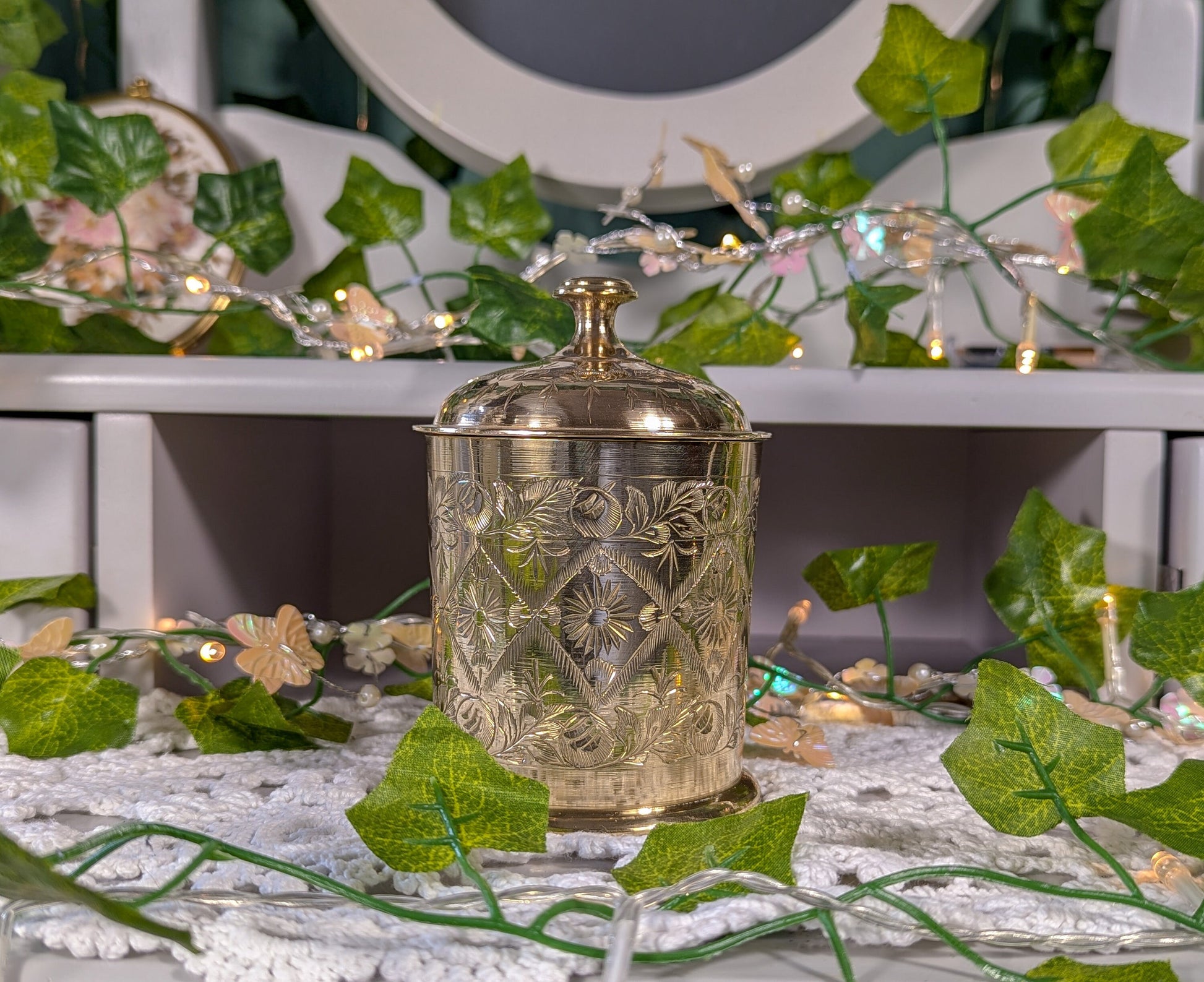 Antique Indian Highly Engraved Brass Jar with Lid.