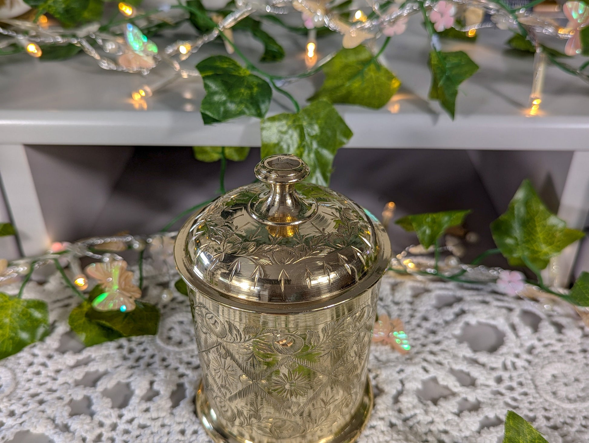 Antique Indian Highly Engraved Brass Jar with Lid.