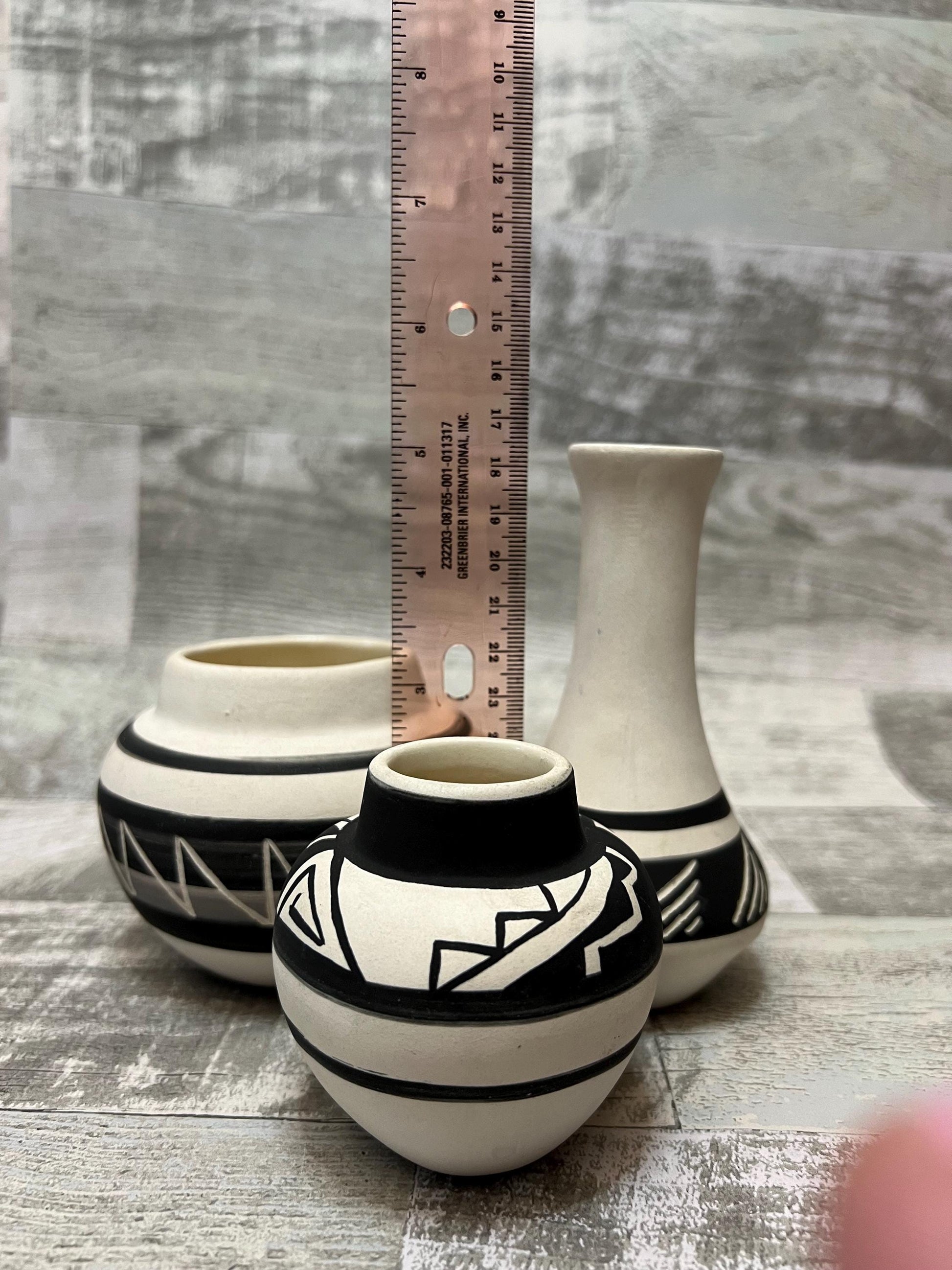 Set of 3 Native American Hand Painted Pottery Vase and Pots Signed S. Deer VTG