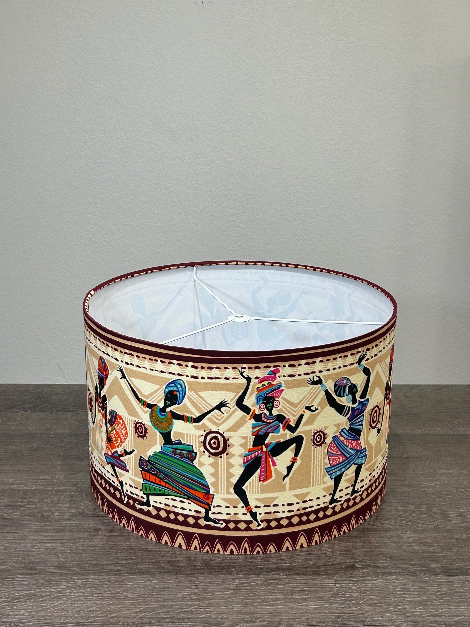 Large African Print Drum Lampshade, Custom Made to Order Lampshade, Tribal Print Lampshade, Dancing Women Print Lampshade, Bedside Lamp