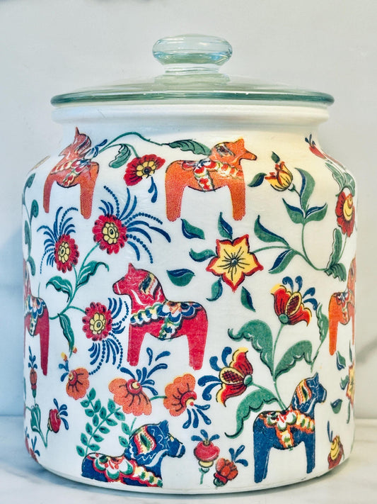 Scandinavian Kitchen Canister, Dala Horse Cookie Jar, Nordic 1/2 Gallon 64 Ounce. H8" X W6", Dry Food Storage, Coffee, Candy, Nuts, Tea.