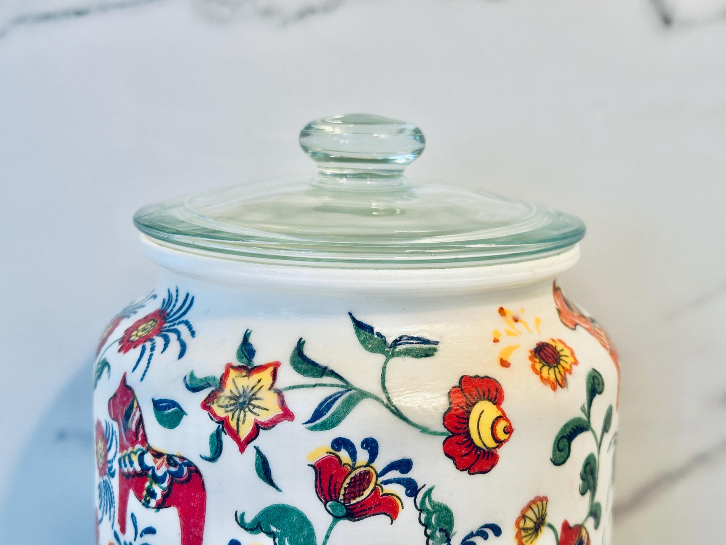 Scandinavian Kitchen Canister, Dala Horse Cookie Jar, Nordic 1/2 Gallon 64 Ounce. H8" X W6", Dry Food Storage, Coffee, Candy, Nuts, Tea.