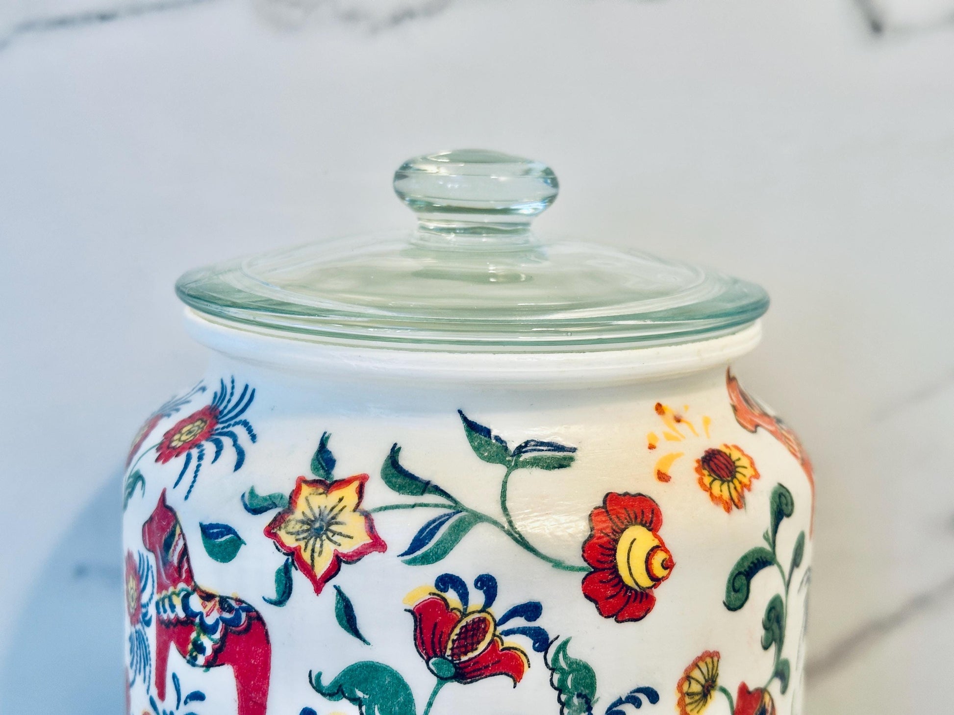 Scandinavian Kitchen Canister, Dala Horse Cookie Jar, Nordic 1/2 Gallon 64 Ounce. H8" X W6", Dry Food Storage, Coffee, Candy, Nuts, Tea.