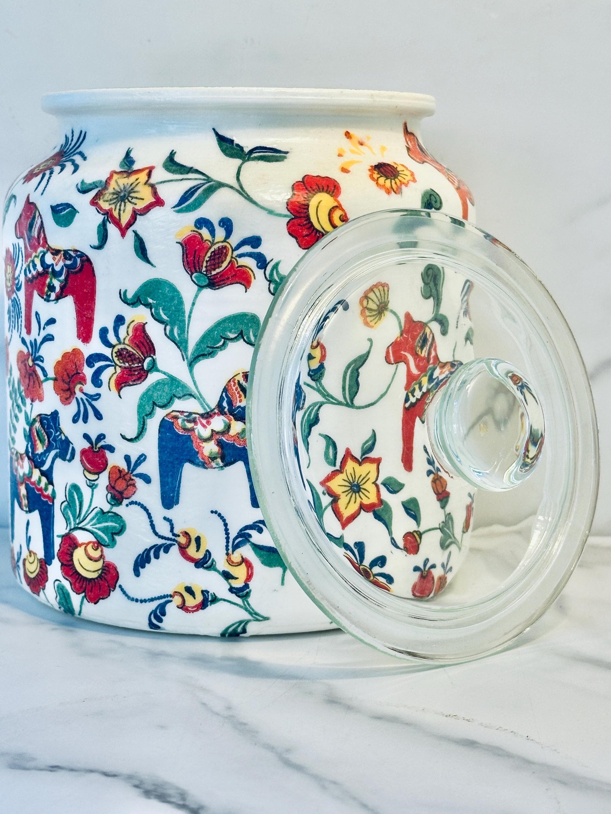 Scandinavian Kitchen Canister, Dala Horse Cookie Jar, Nordic 1/2 Gallon 64 Ounce. H8" X W6", Dry Food Storage, Coffee, Candy, Nuts, Tea.