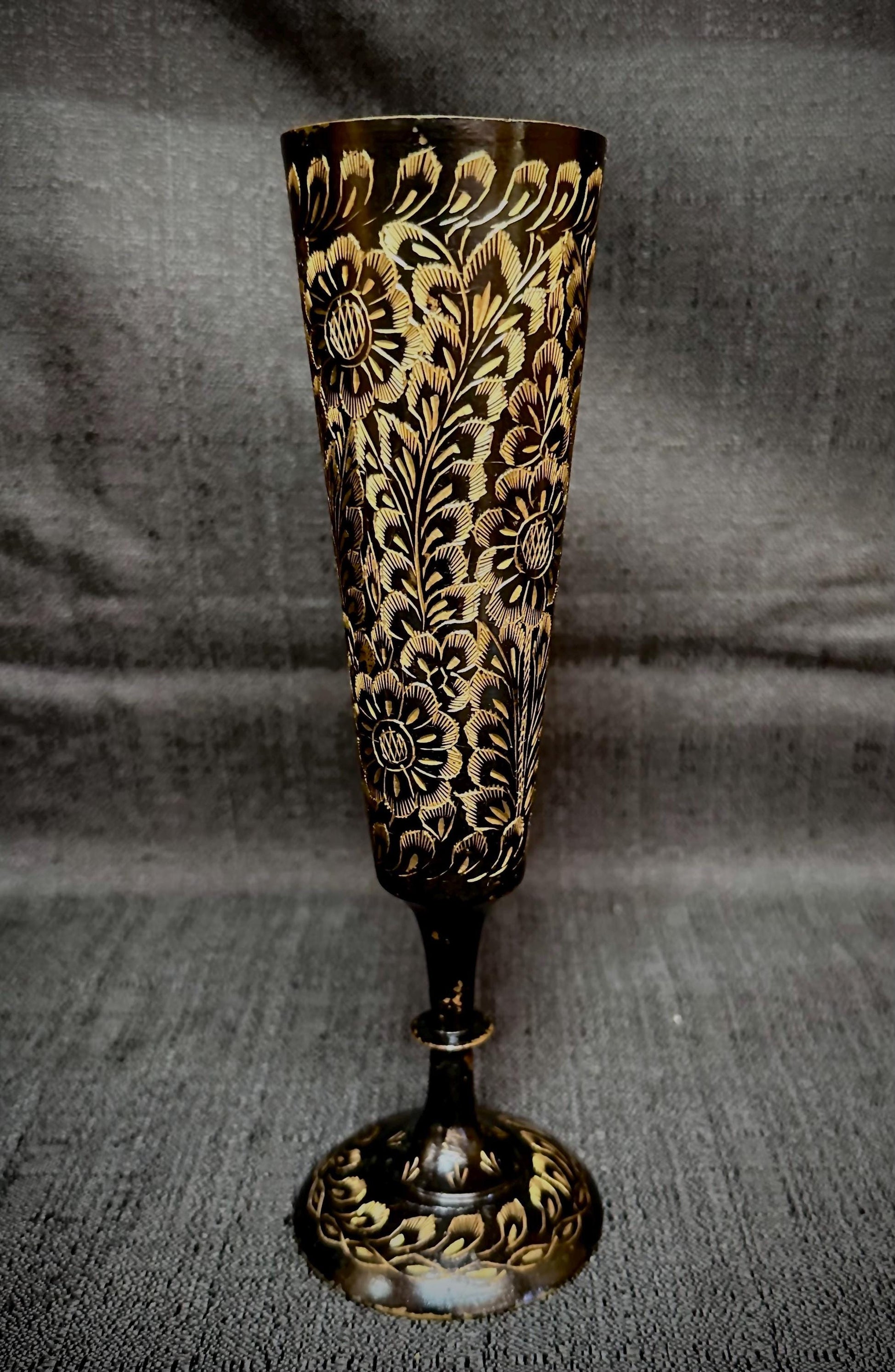 Vintage Collectible Brass Hand-Etched Indian Bud Vase Black and Gold – 8.25"