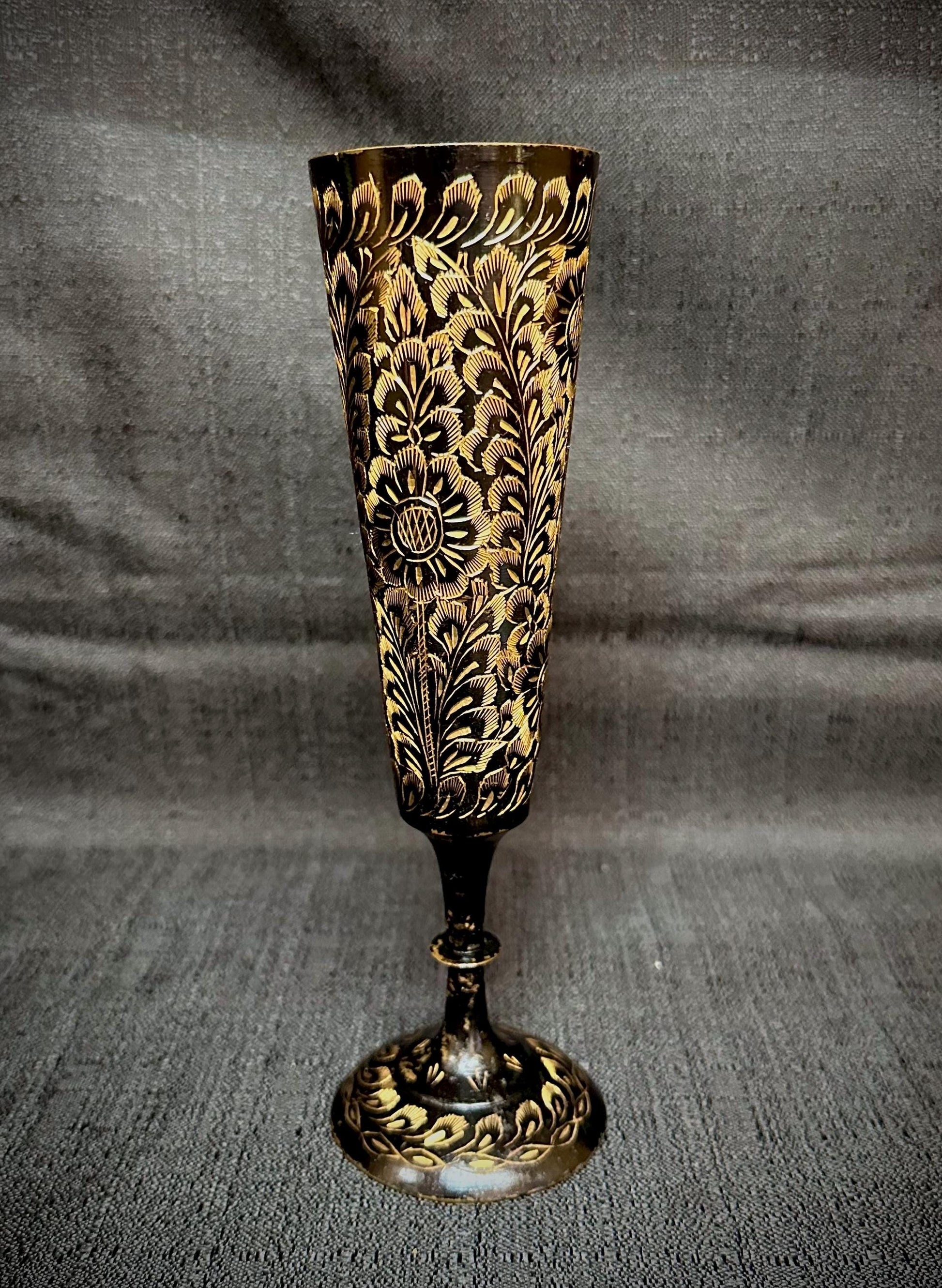 Vintage Collectible Brass Hand-Etched Indian Bud Vase Black and Gold – 8.25"