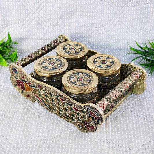 Vintage Rajasthani Peacock Meenakari Gold Tray Set with 4 Decorative Jars – Antique Indian Wedding Return Gift, Traditional Art Gift Set