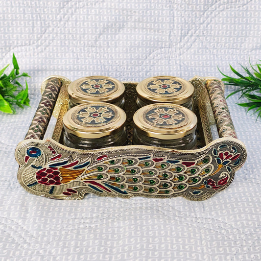 Vintage Rajasthani Peacock Meenakari Gold Tray Set with 4 Decorative Jars – Antique Indian Wedding Return Gift, Traditional Art Gift Set