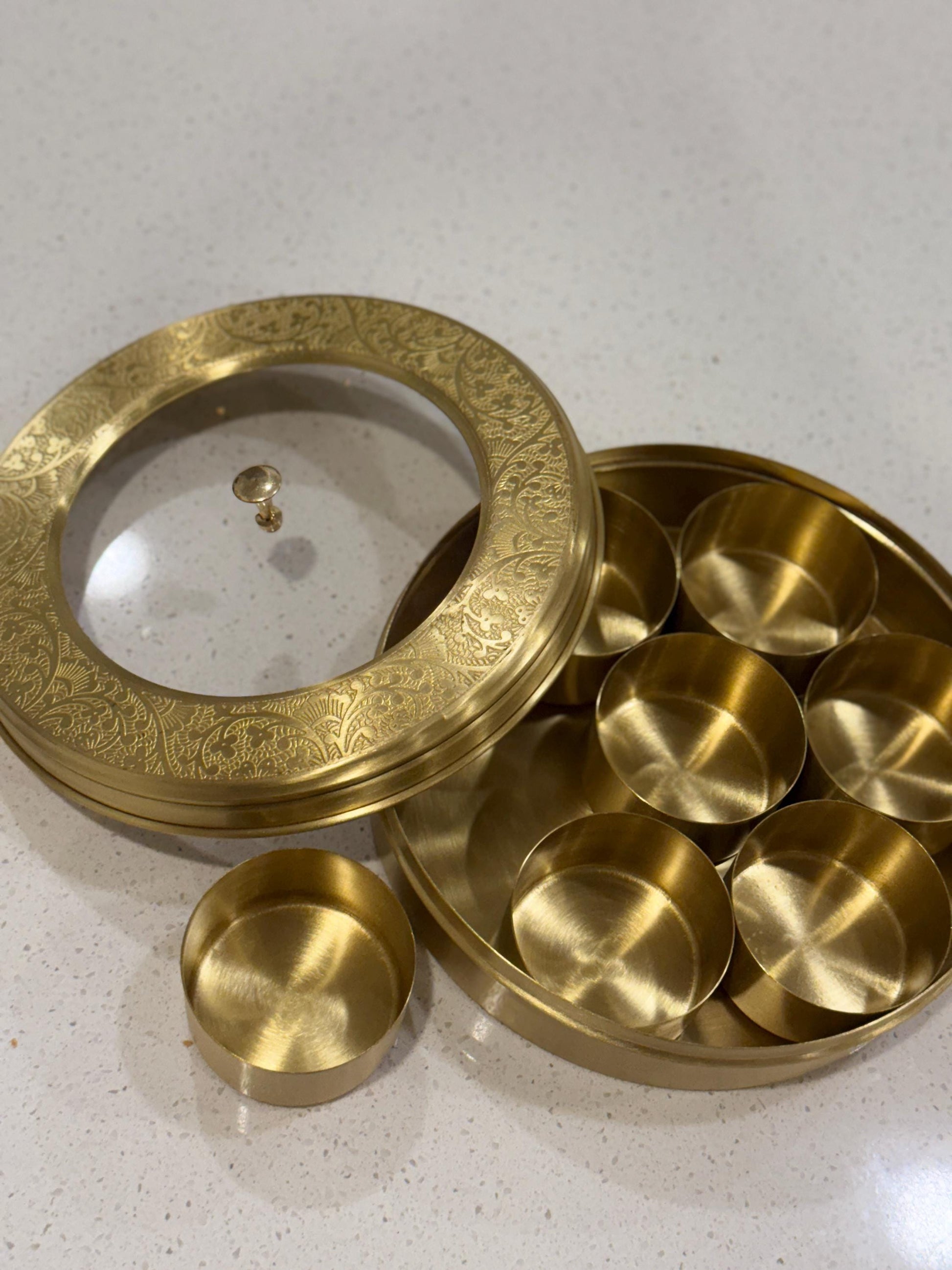 Mughal-Style Brass Masala Box | Handmade Brass Spice Organizer | Elegant Indian Nepali Spice Storage