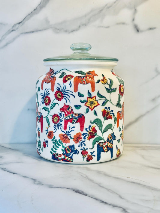 Scandinavian Kitchen Canister, Dala Horse Cookie Jar, Nordic 1/2 Gallon 64 Ounce. H8" X W6", Dry Food Storage, Coffee, Candy, Nuts, Tea.