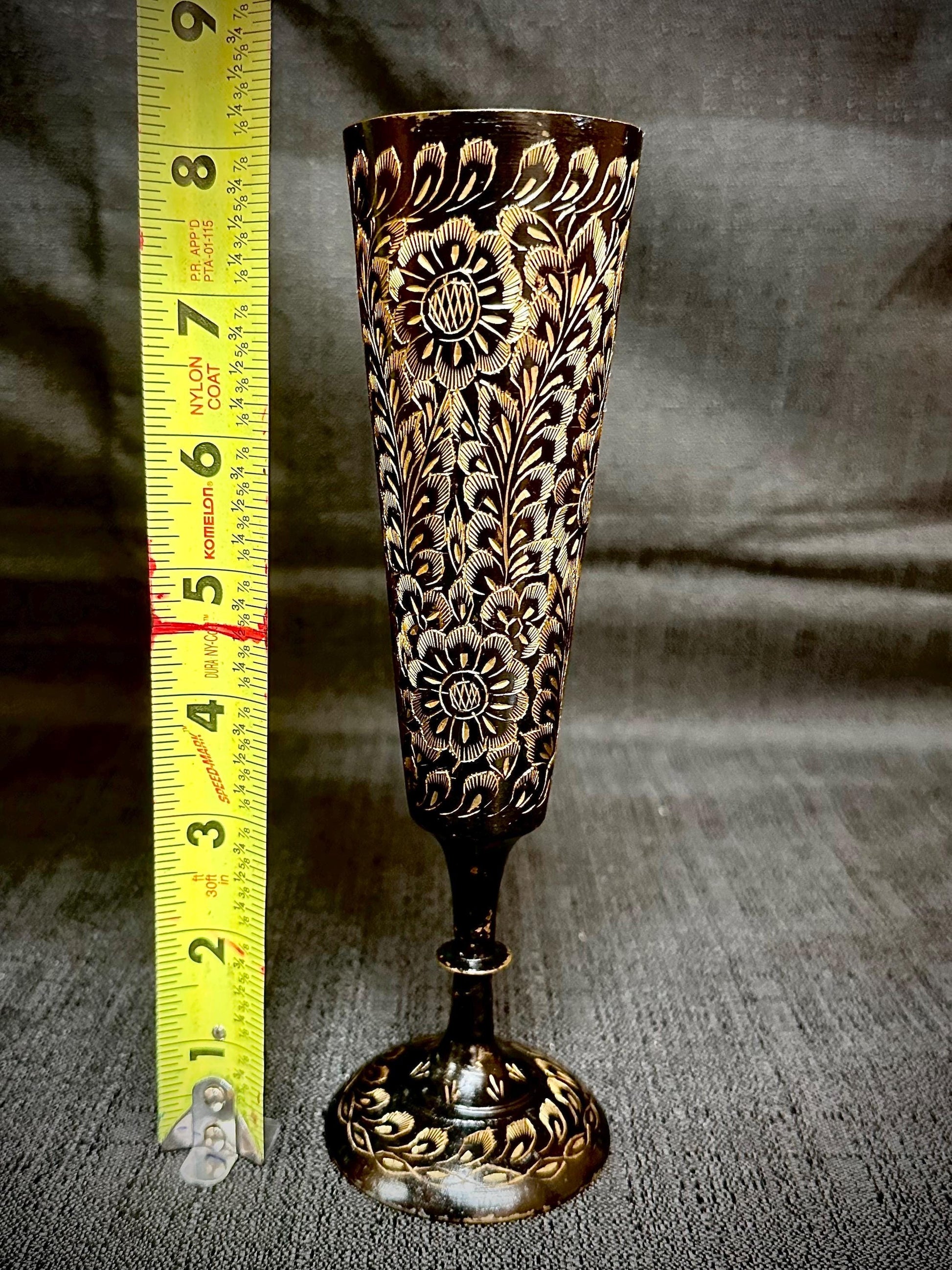 Vintage Collectible Brass Hand-Etched Indian Bud Vase Black and Gold – 8.25"