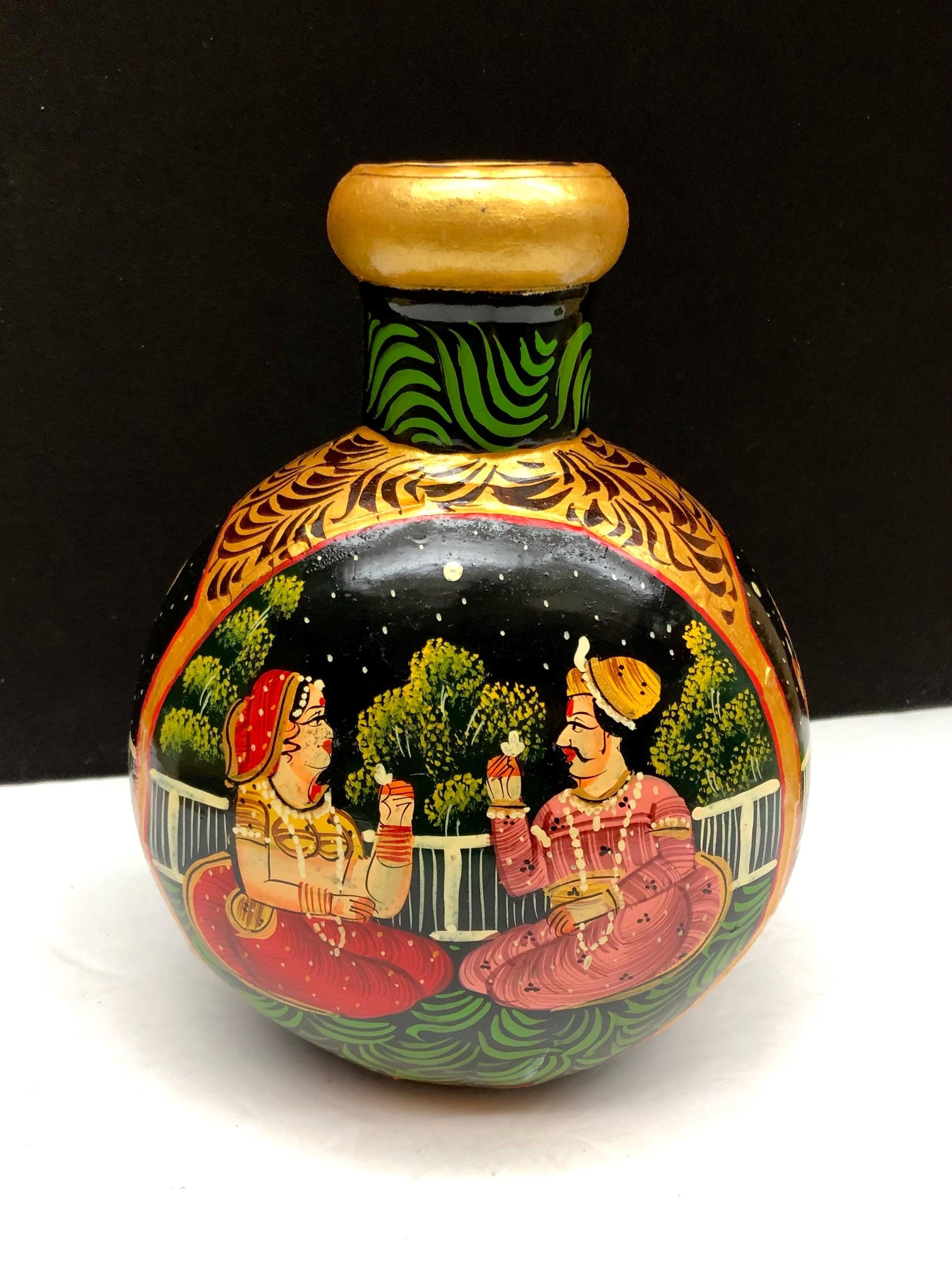 Hand Painted Indian Metal Vase Bottle Mughal Style