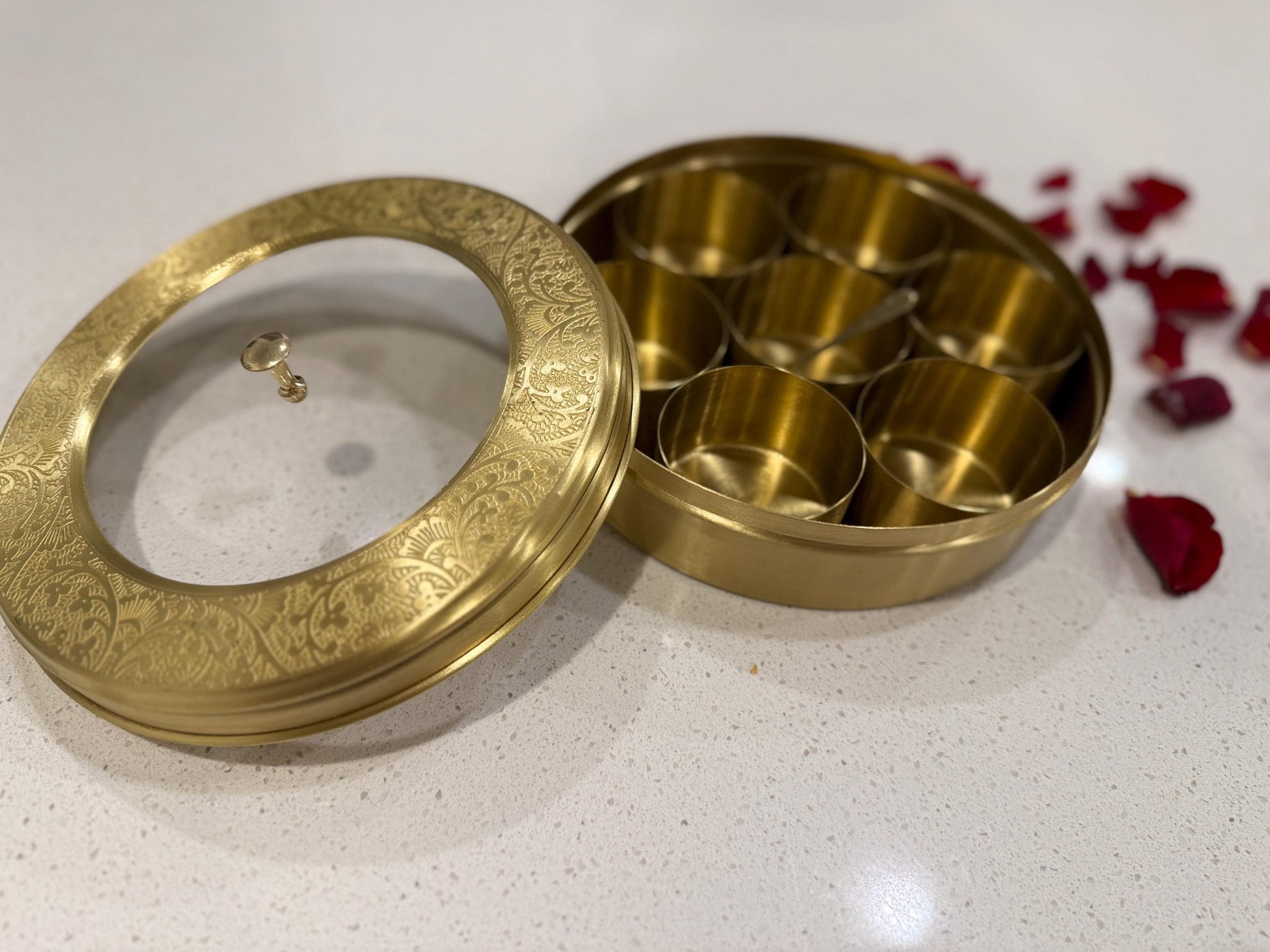 Mughal-Style Brass Masala Box | Handmade Brass Spice Organizer | Elegant Indian Nepali Spice Storage