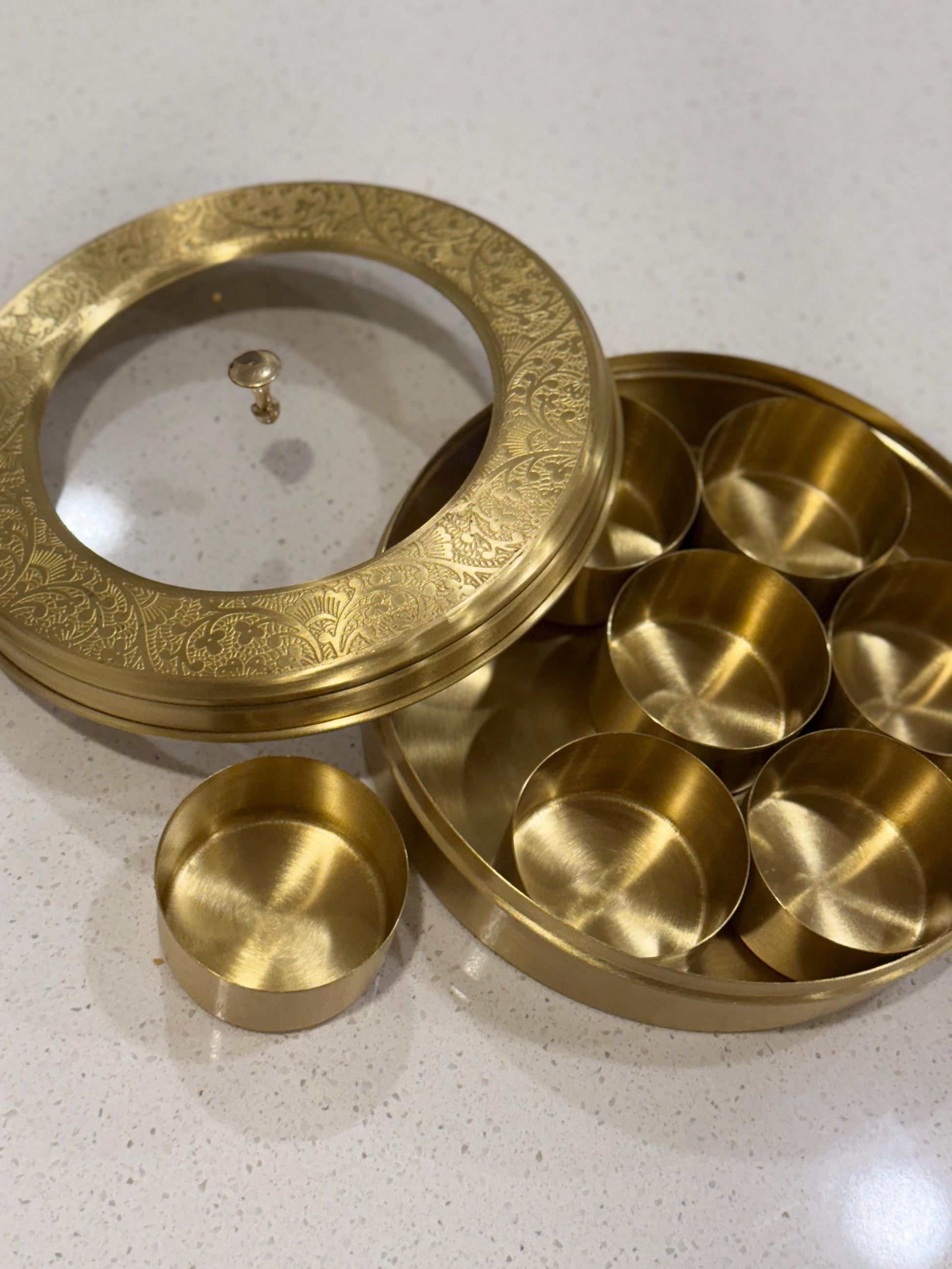 Mughal-Style Brass Masala Box | Handmade Brass Spice Organizer | Elegant Indian Nepali Spice Storage