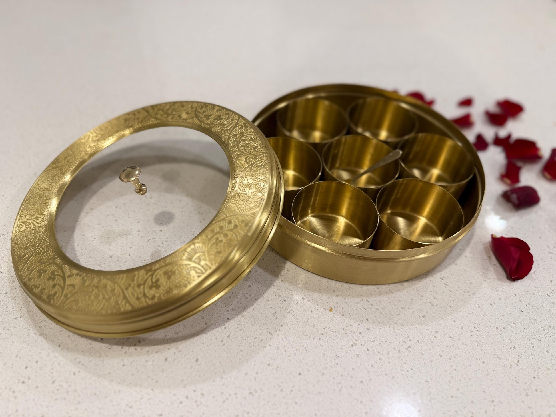Mughal-Style Brass Masala Box | Handmade Brass Spice Organizer | Elegant Indian Nepali Spice Storage