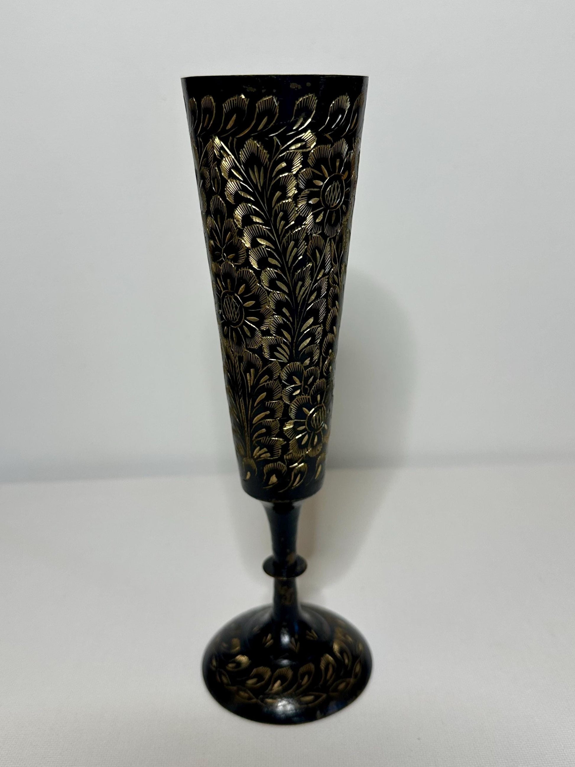 Vintage Collectible Brass Hand-Etched Indian Bud Vase Black and Gold – 8.25"