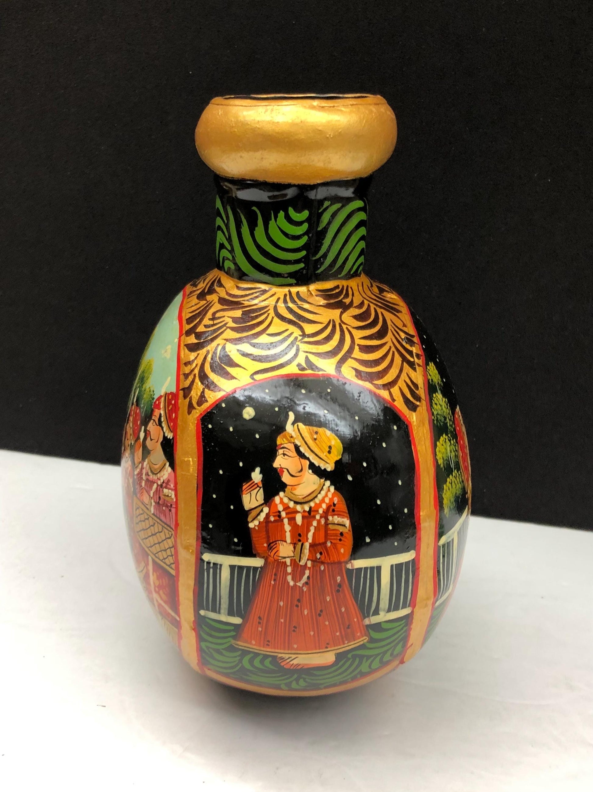 Hand Painted Indian Metal Vase Bottle Mughal Style