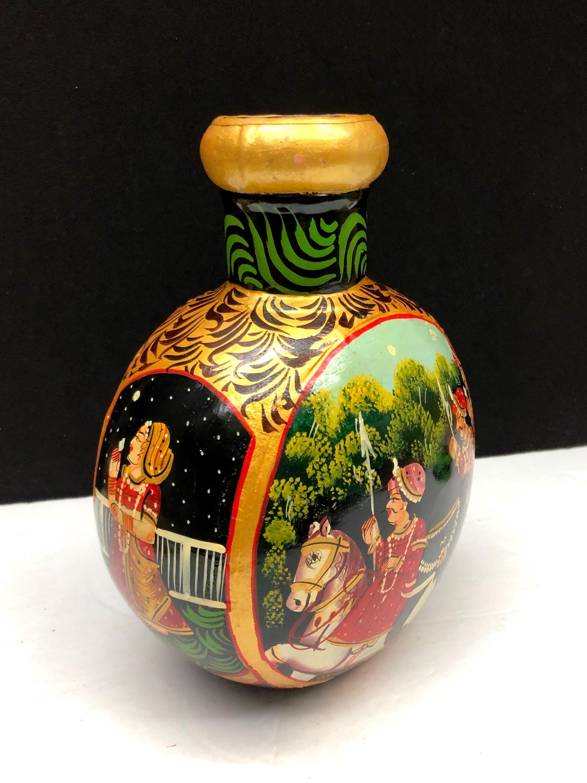 Hand Painted Indian Metal Vase Bottle Mughal Style