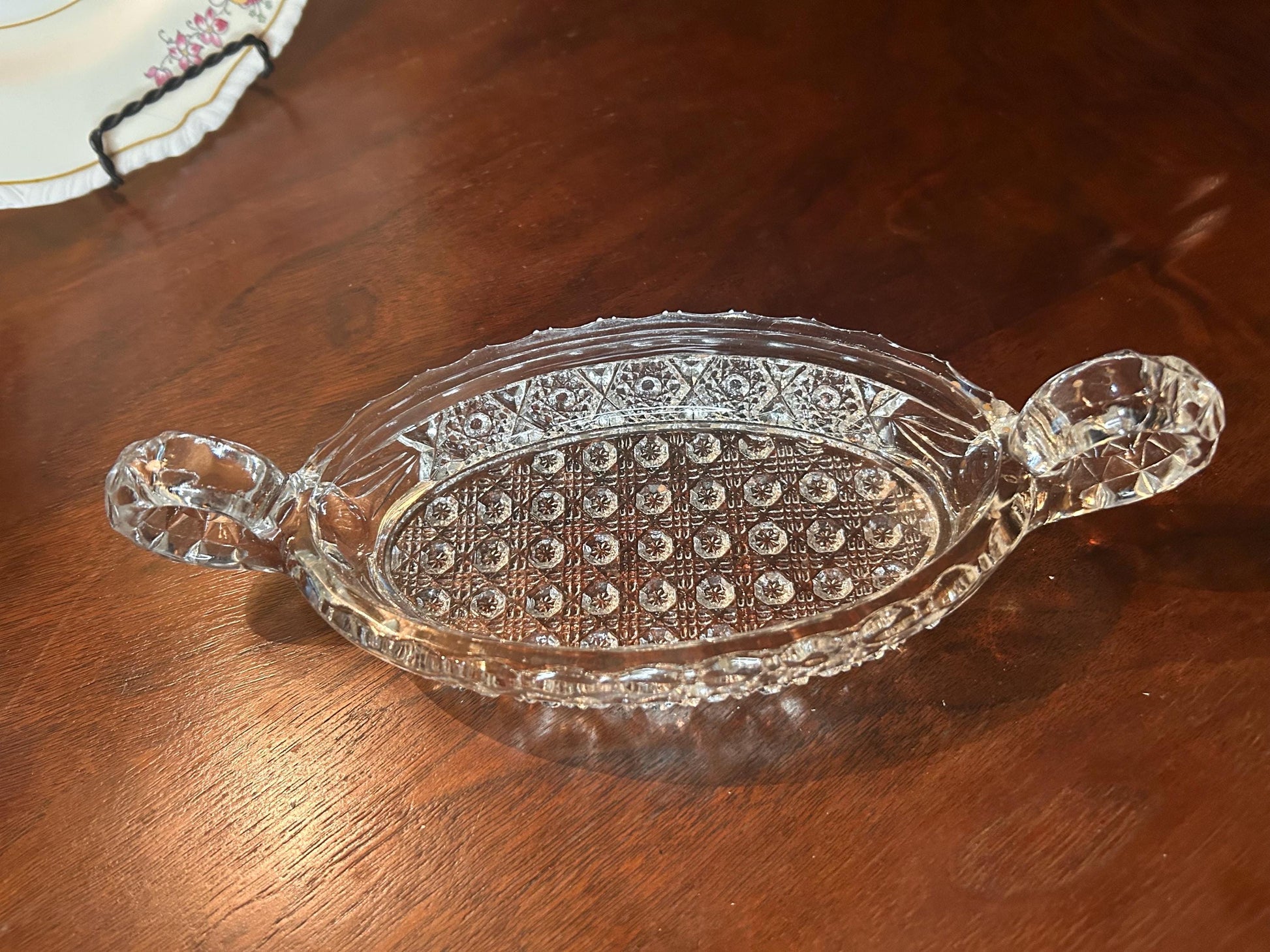 EAPG 1900S Thick Patterned Glass Boat Dish Two Handles- Antique Glass Handled Bowl Victorian Turn of Century Early American Pattern Glass
