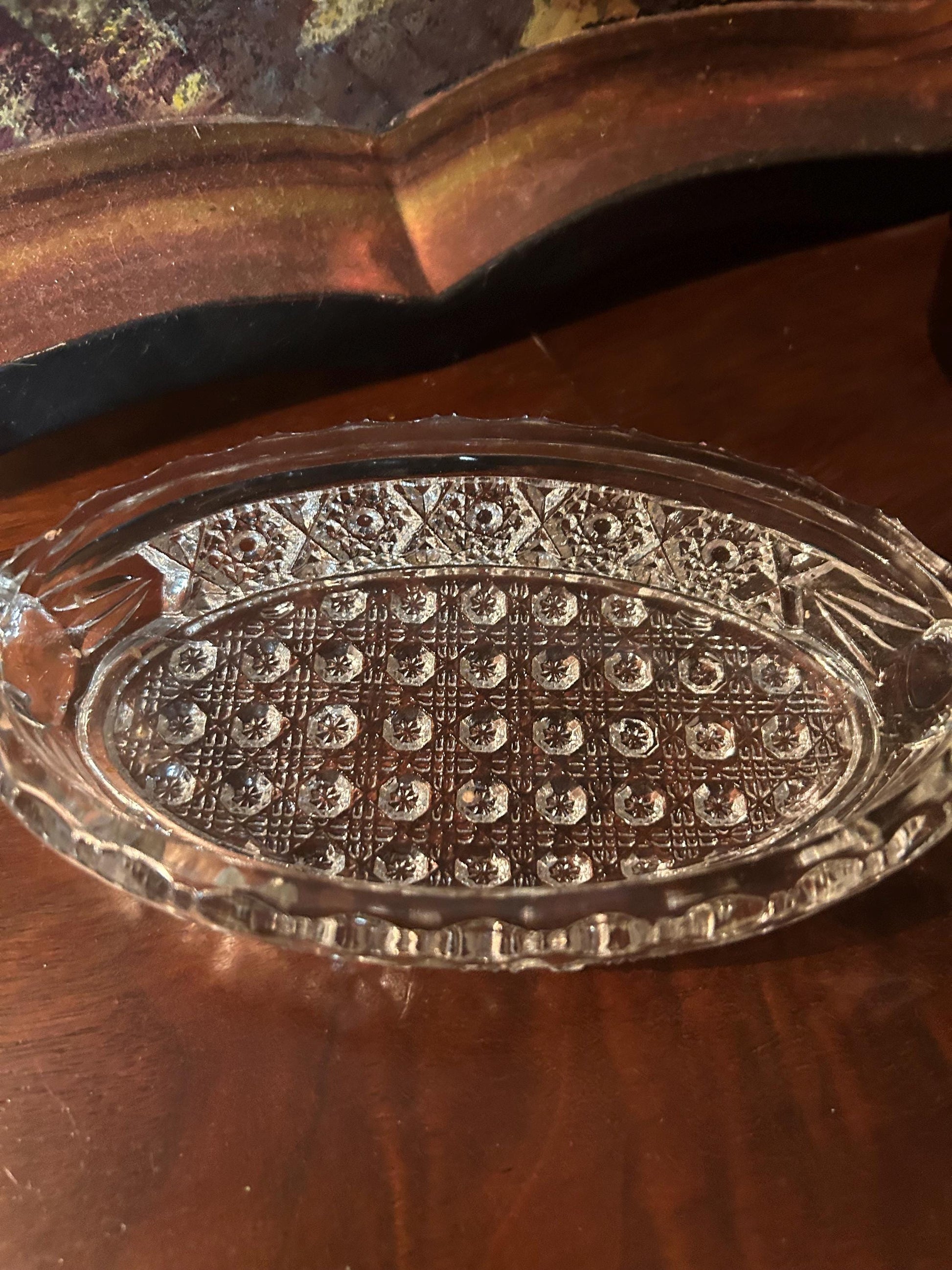 EAPG 1900S Thick Patterned Glass Boat Dish Two Handles- Antique Glass Handled Bowl Victorian Turn of Century Early American Pattern Glass