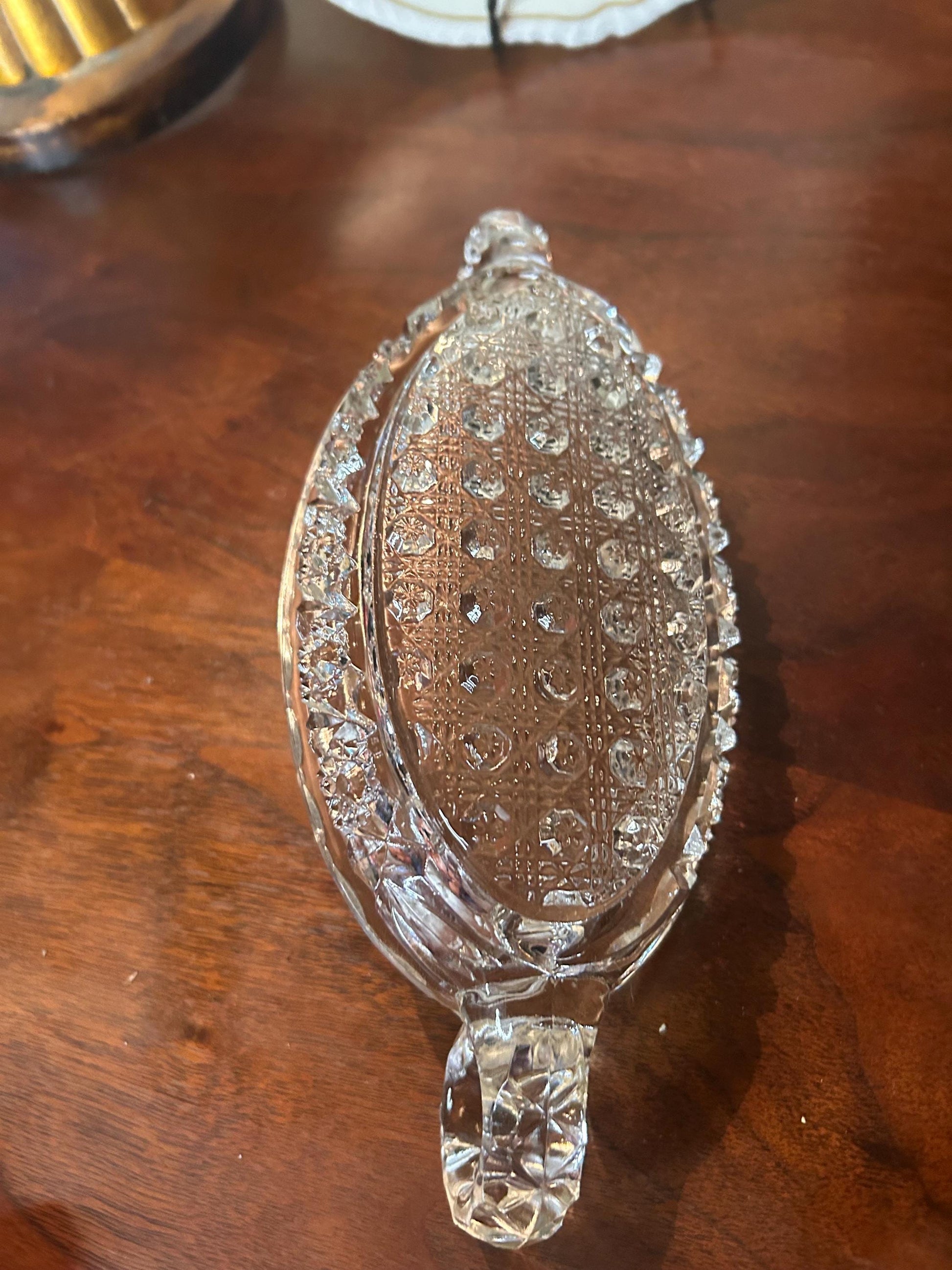 EAPG 1900S Thick Patterned Glass Boat Dish Two Handles- Antique Glass Handled Bowl Victorian Turn of Century Early American Pattern Glass