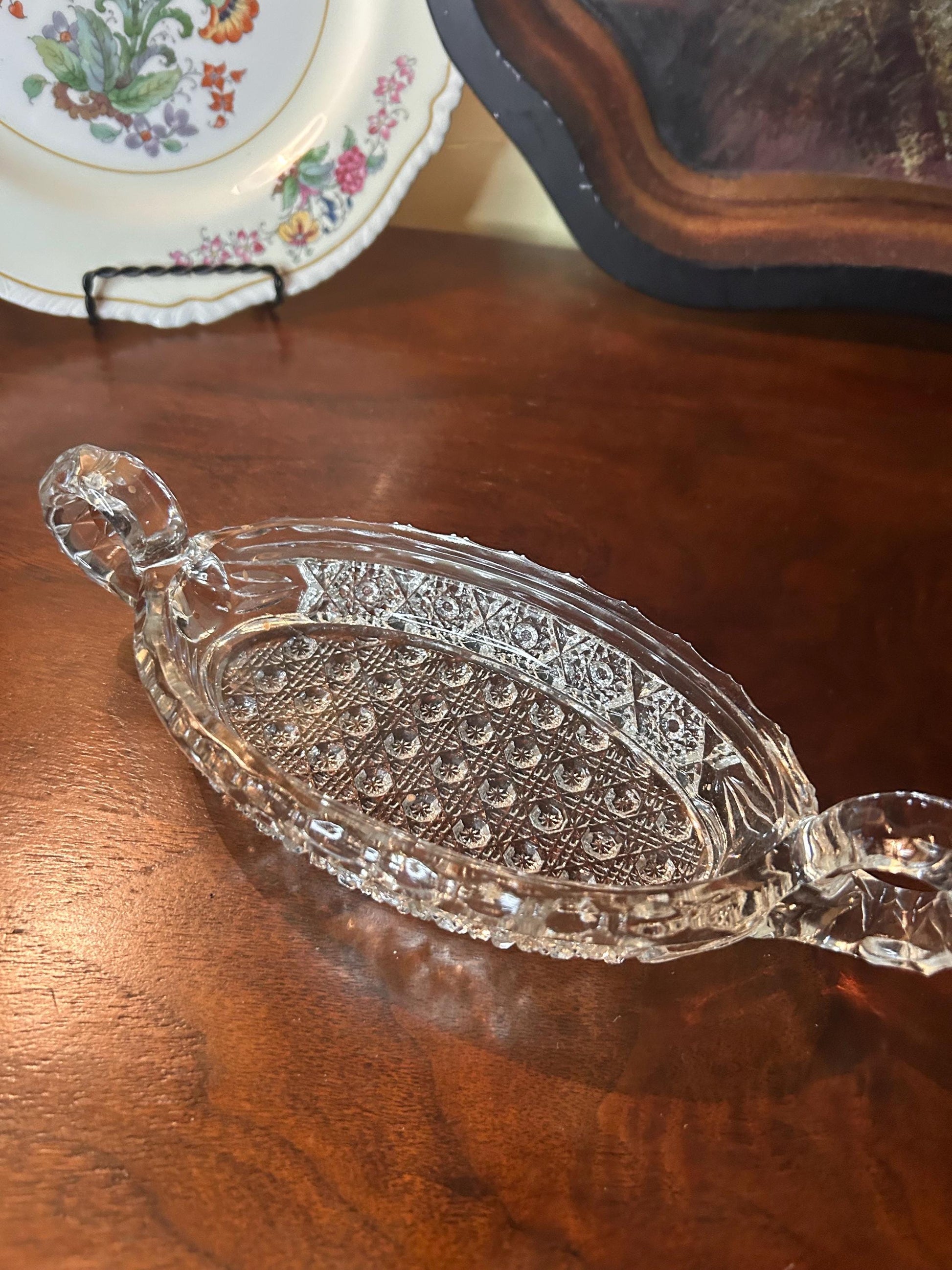 EAPG 1900S Thick Patterned Glass Boat Dish Two Handles- Antique Glass Handled Bowl Victorian Turn of Century Early American Pattern Glass