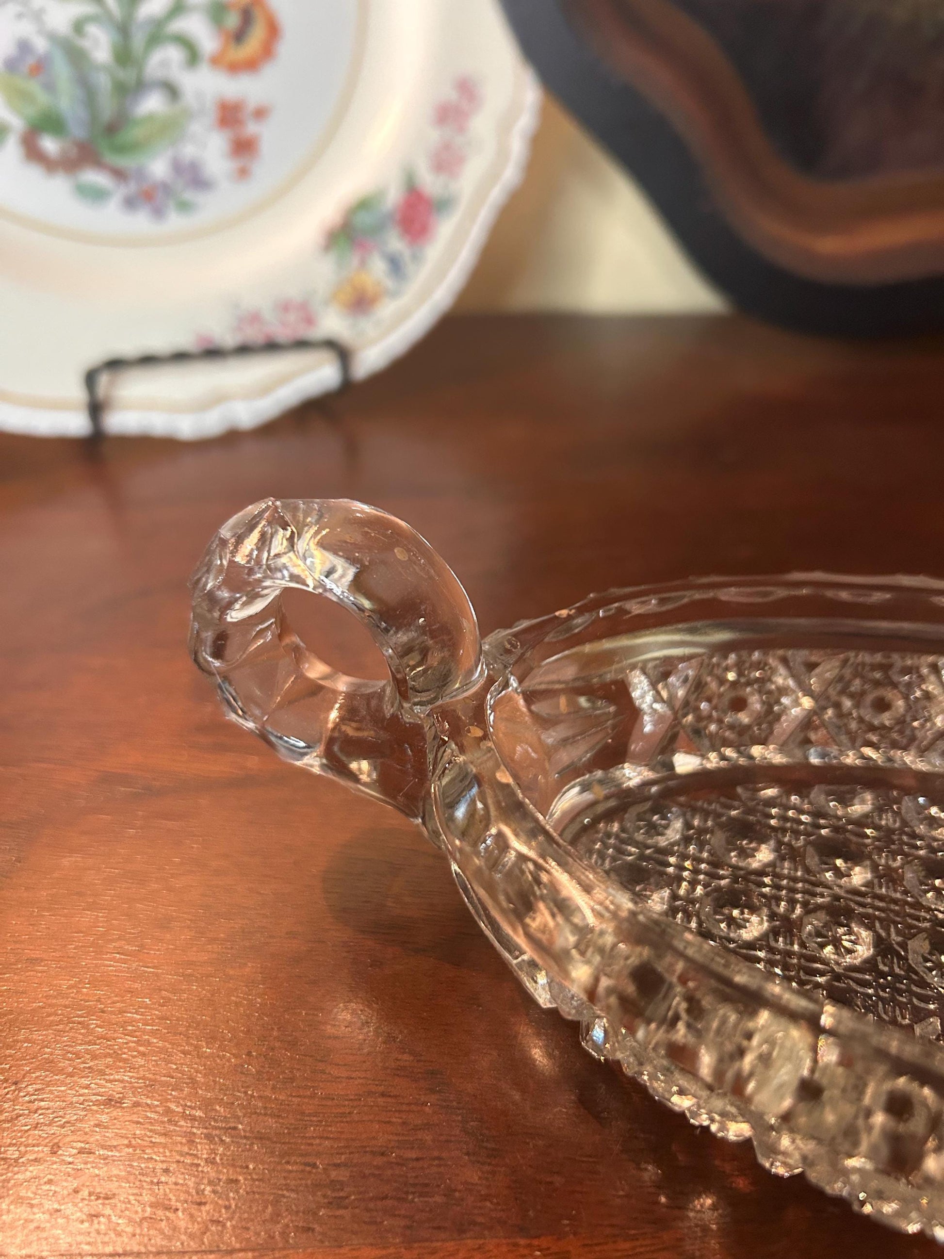 EAPG 1900S Thick Patterned Glass Boat Dish Two Handles- Antique Glass Handled Bowl Victorian Turn of Century Early American Pattern Glass