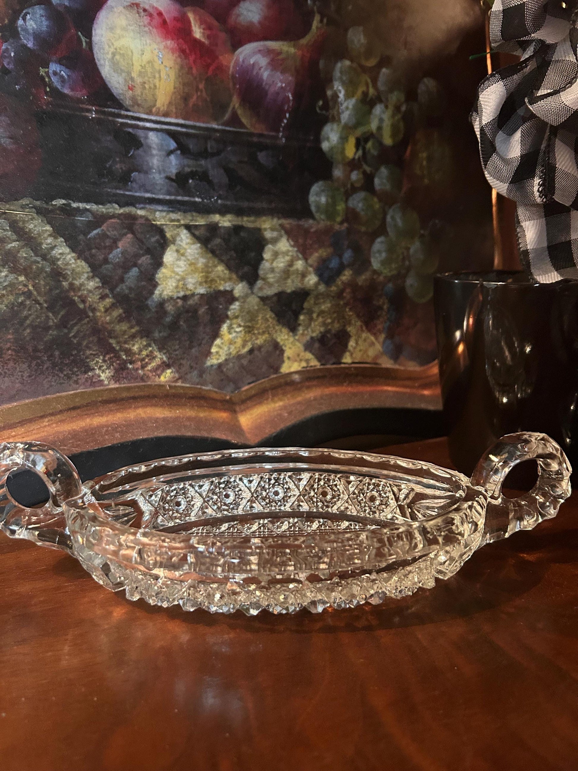 EAPG 1900S Thick Patterned Glass Boat Dish Two Handles- Antique Glass Handled Bowl Victorian Turn of Century Early American Pattern Glass