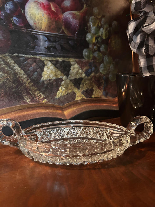 EAPG 1900S Thick Patterned Glass Boat Dish Two Handles- Antique Glass Handled Bowl Victorian Turn of Century Early American Pattern Glass