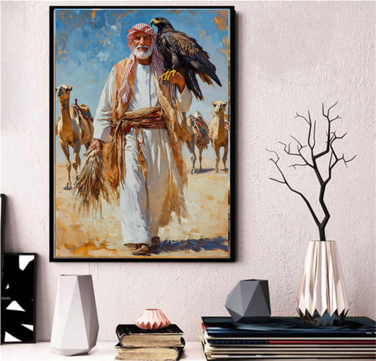 Arabian Falconer Desert Art, Traditional Middle Eastern Wall Print, Saudi Bedouin Culture, Old Saudi Man with Falcon, Saudi Arabia Desert