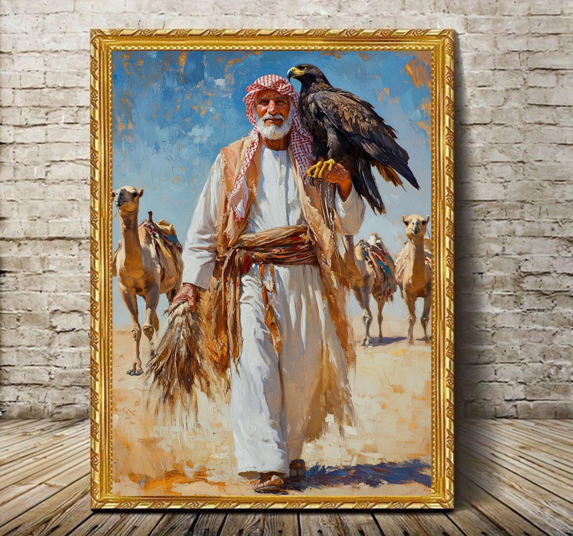 Arabian Falconer Desert Art, Traditional Middle Eastern Wall Print, Saudi Bedouin Culture, Old Saudi Man with Falcon, Saudi Arabia Desert